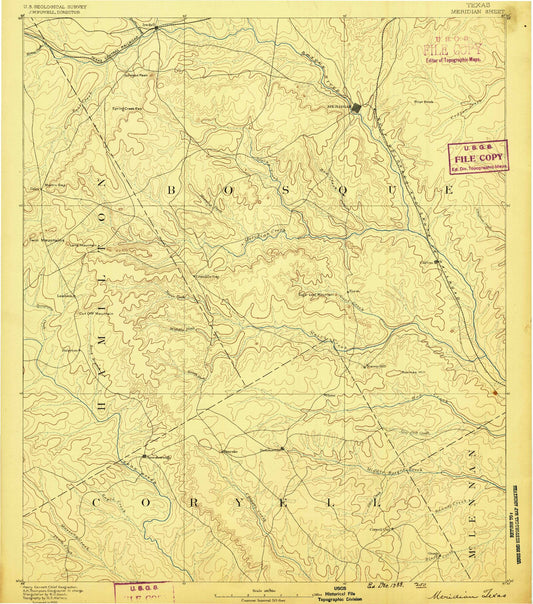 Historic 1888 Meridian Texas 30'x30' Topo Map Image