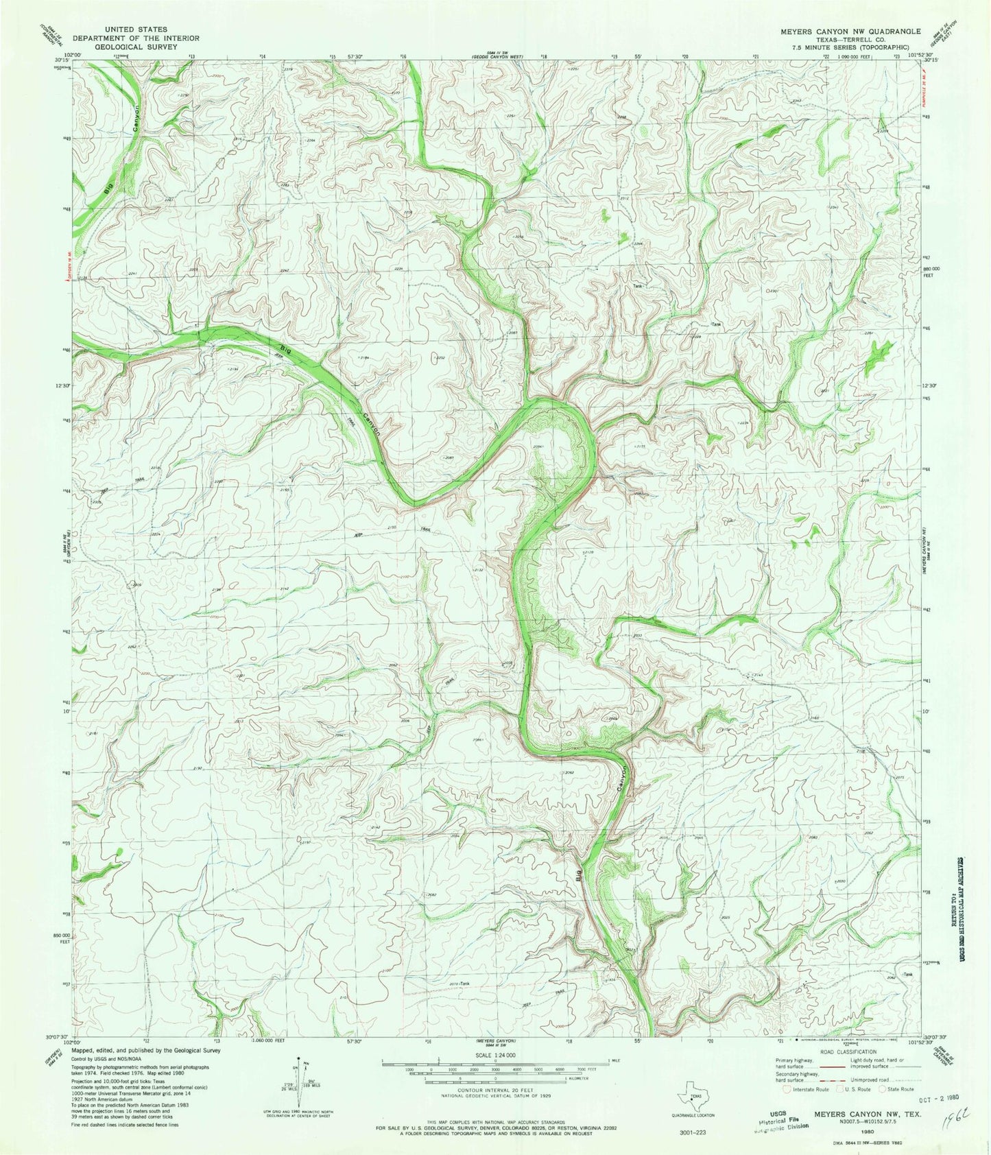 Classic USGS Meyers Canyon NW Texas 7.5'x7.5' Topo Map Image
