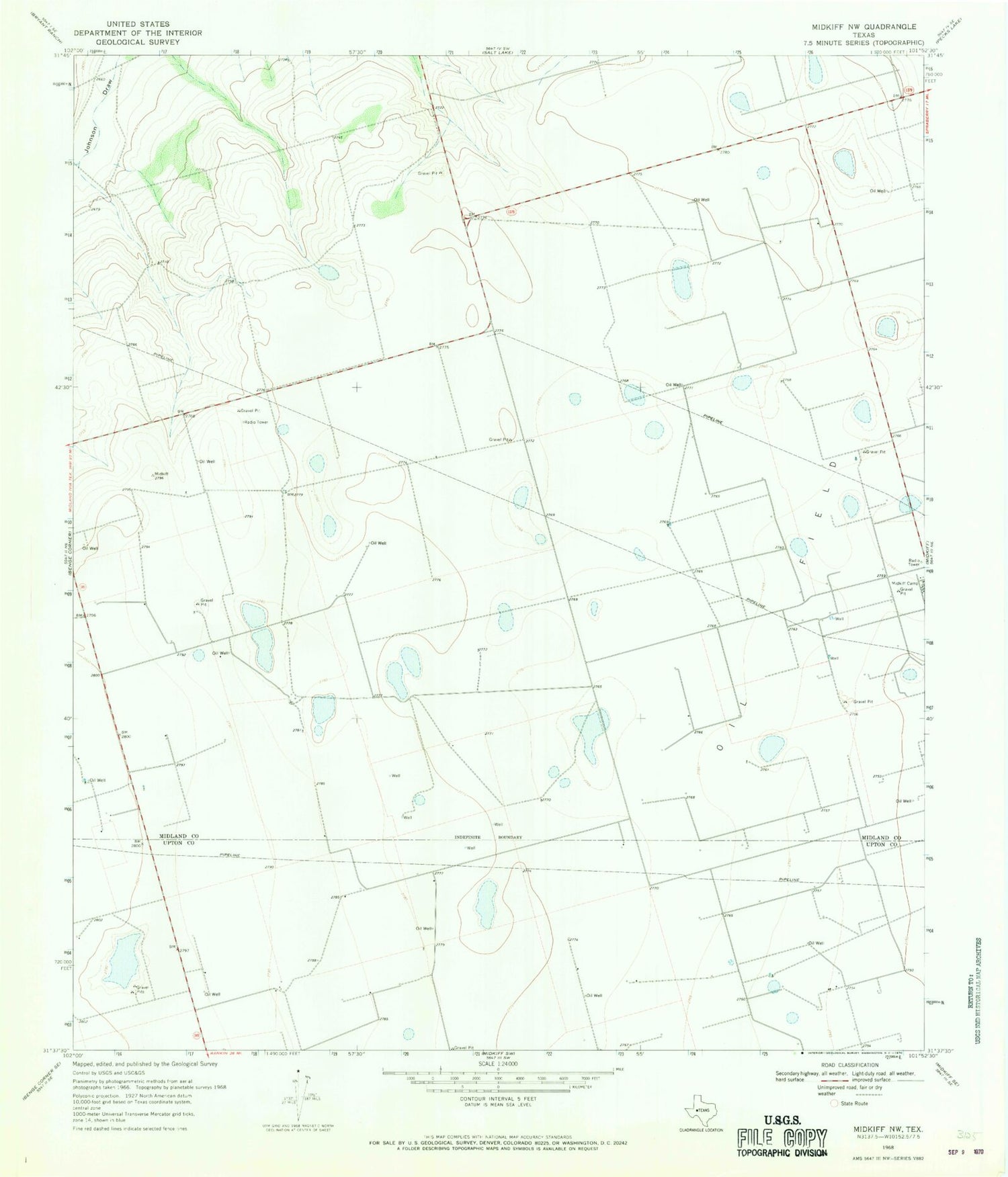 Classic USGS Midkiff NW Texas 7.5'x7.5' Topo Map Image