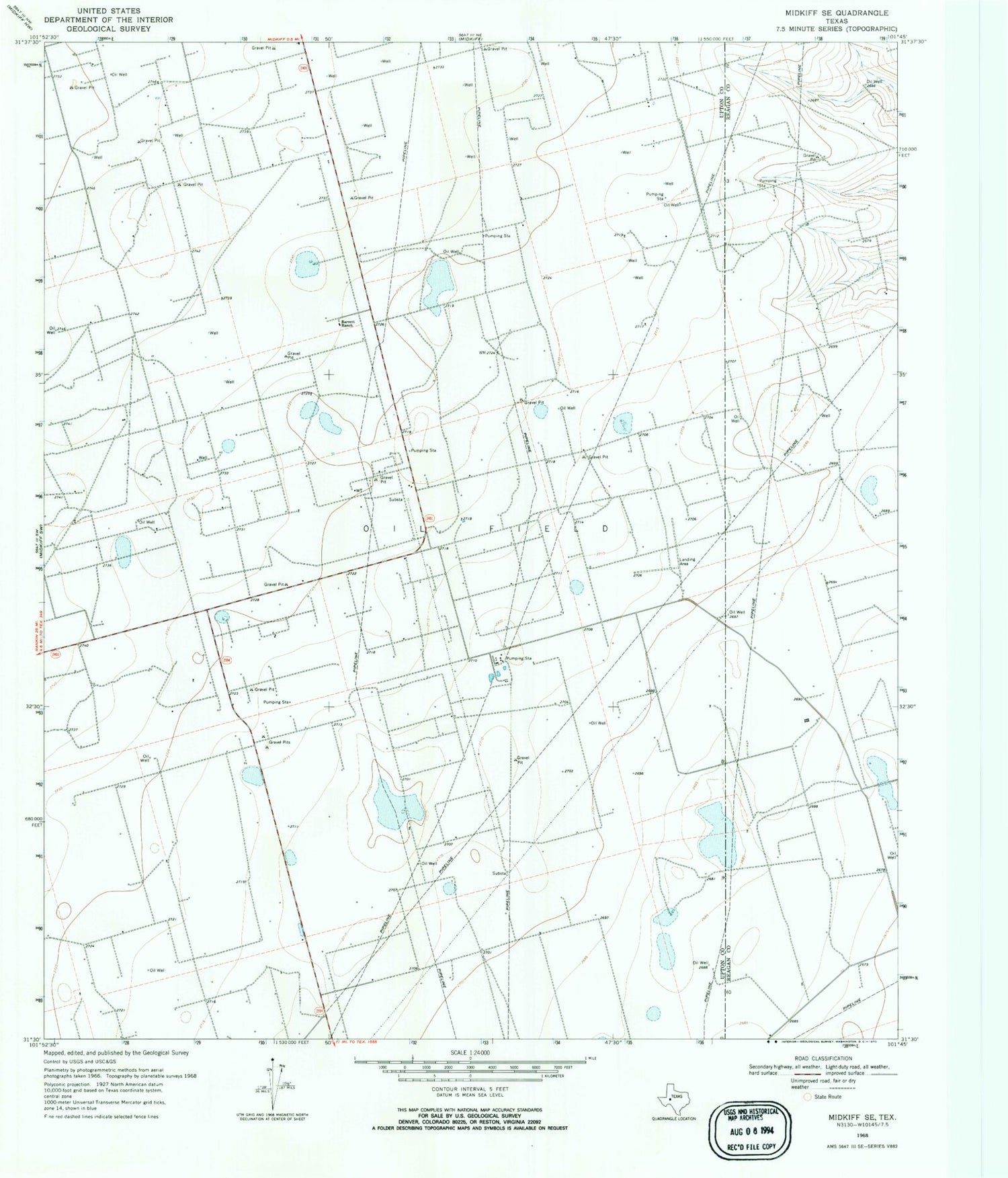 Classic USGS Midkiff SE Texas 7.5'x7.5' Topo Map Image