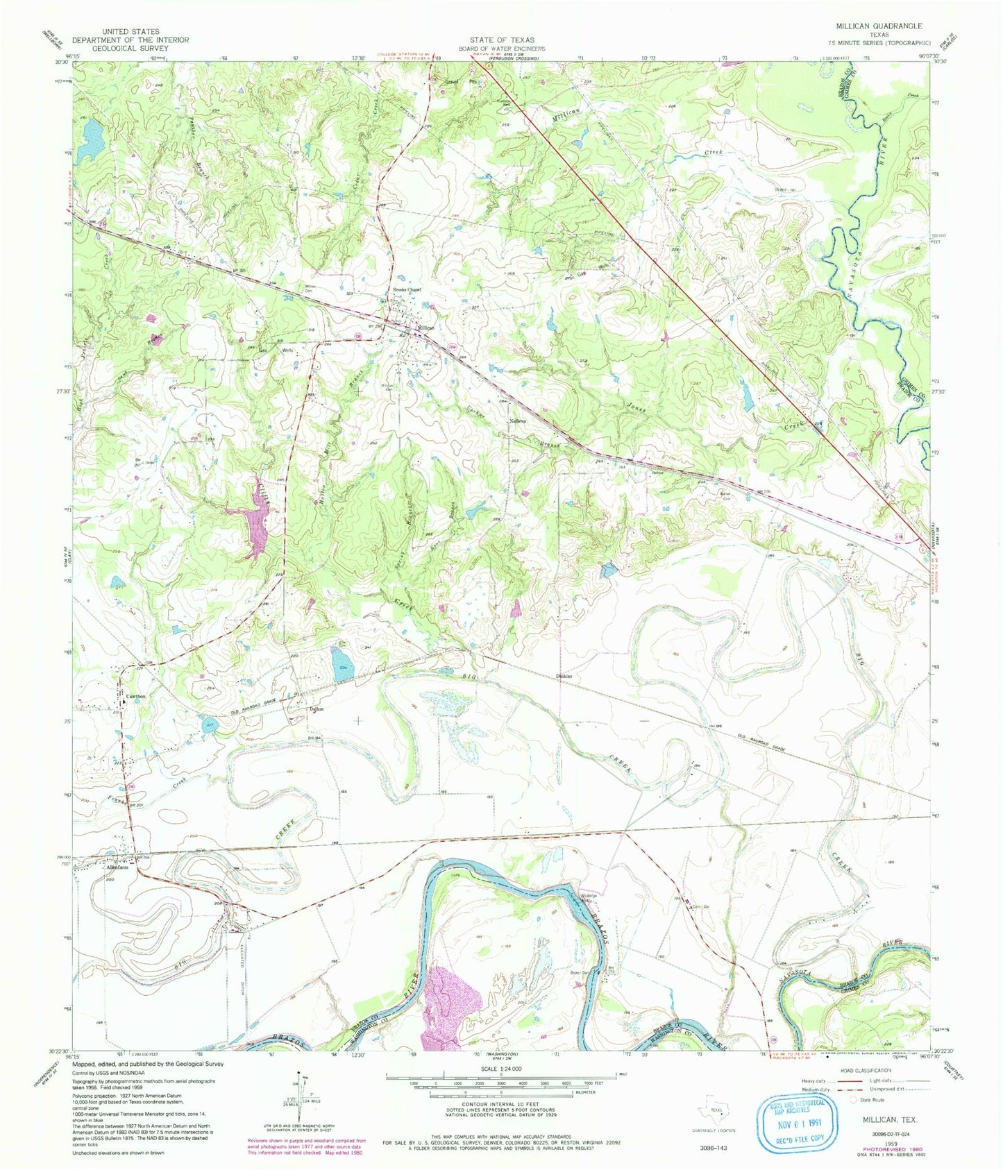 Classic USGS Millican Texas 7.5'x7.5' Topo Map Image