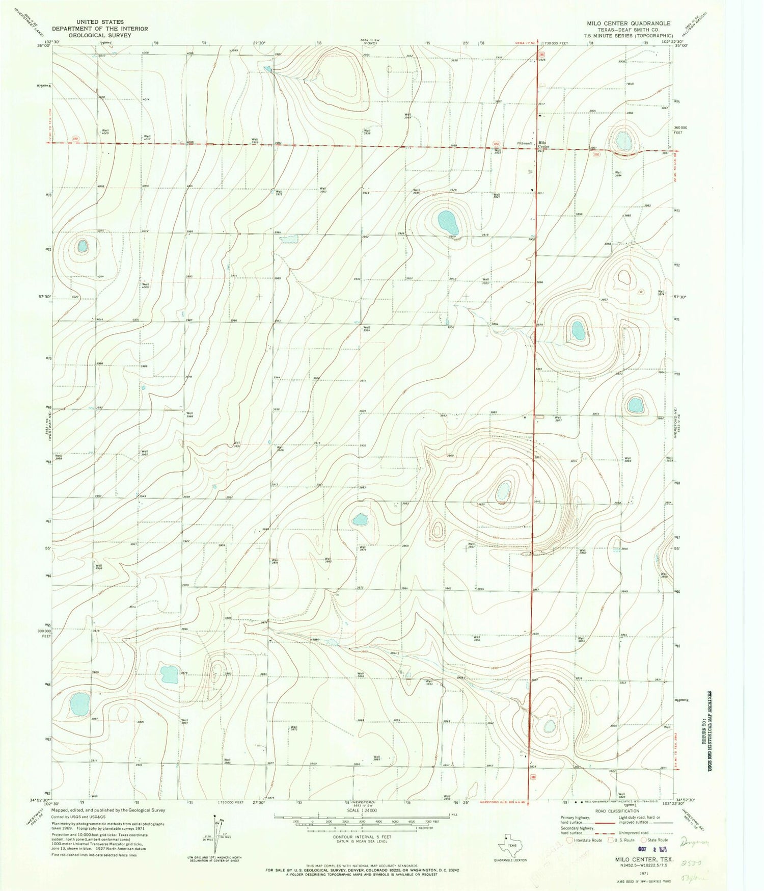 Classic USGS Milo Center Texas 7.5'x7.5' Topo Map Image