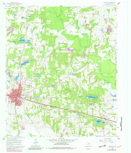 Classic USGS Mineola Texas 7.5'x7.5' Topo Map Image