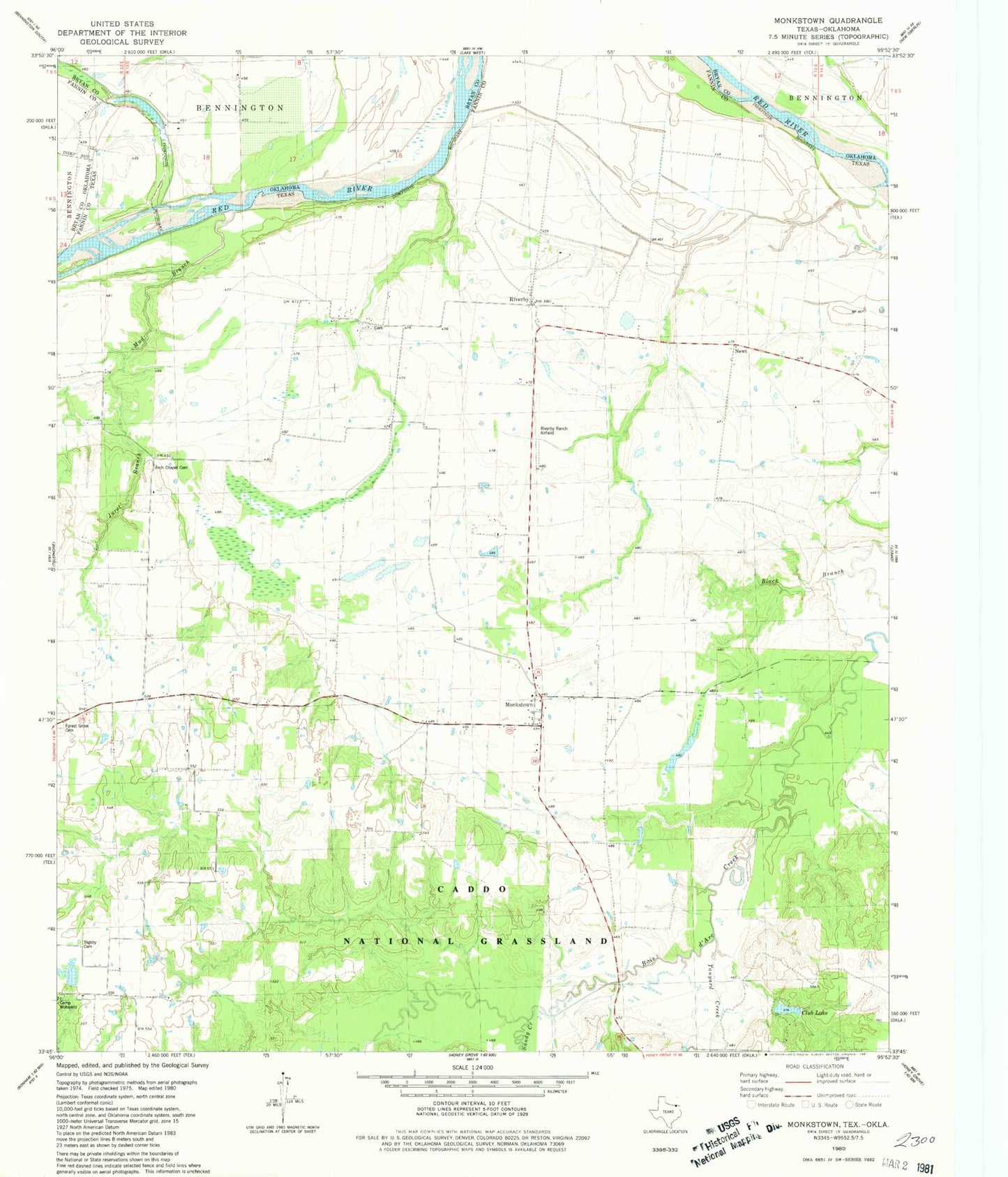 Classic USGS Monkstown Texas 7.5'x7.5' Topo Map Image