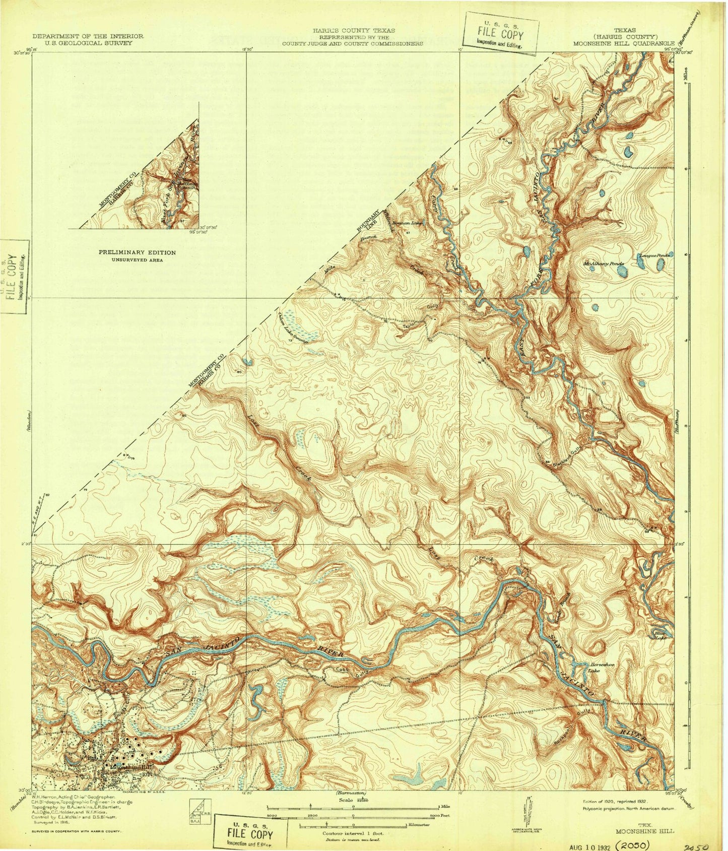 Classic USGS Moonshine Hill Texas 7.5'x7.5' Topo Map Image