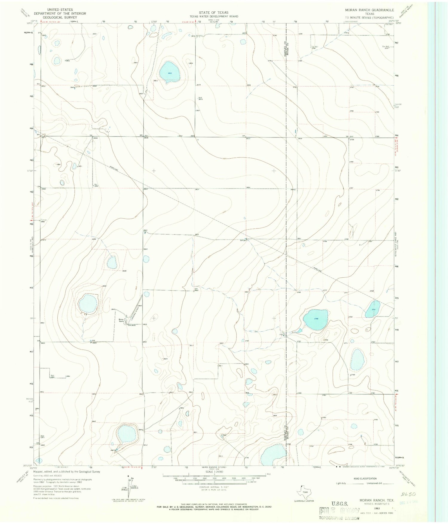 Classic USGS Moran Ranch Texas 7.5'x7.5' Topo Map Image