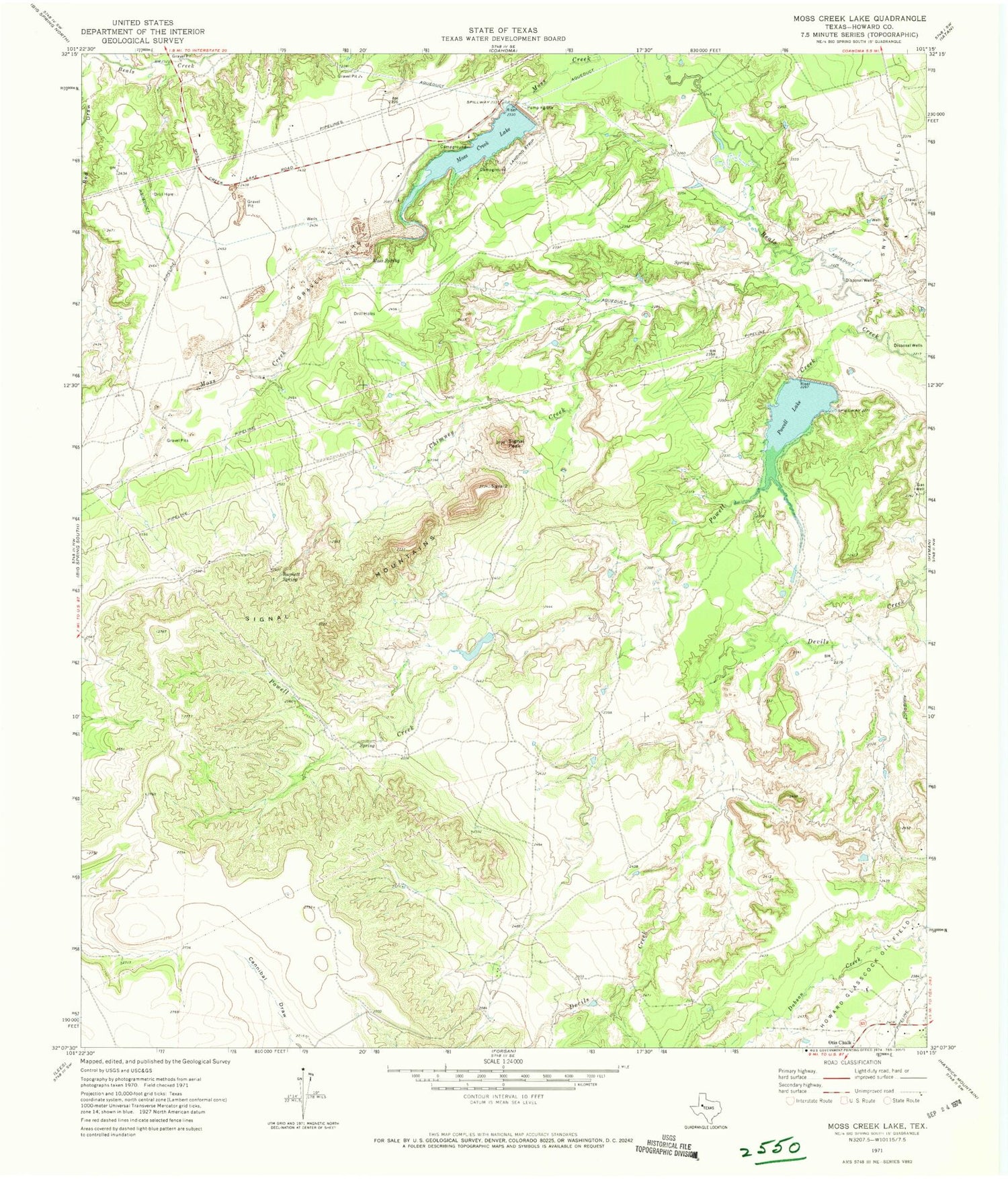 Classic USGS Moss Creek Lake Texas 7.5'x7.5' Topo Map Image
