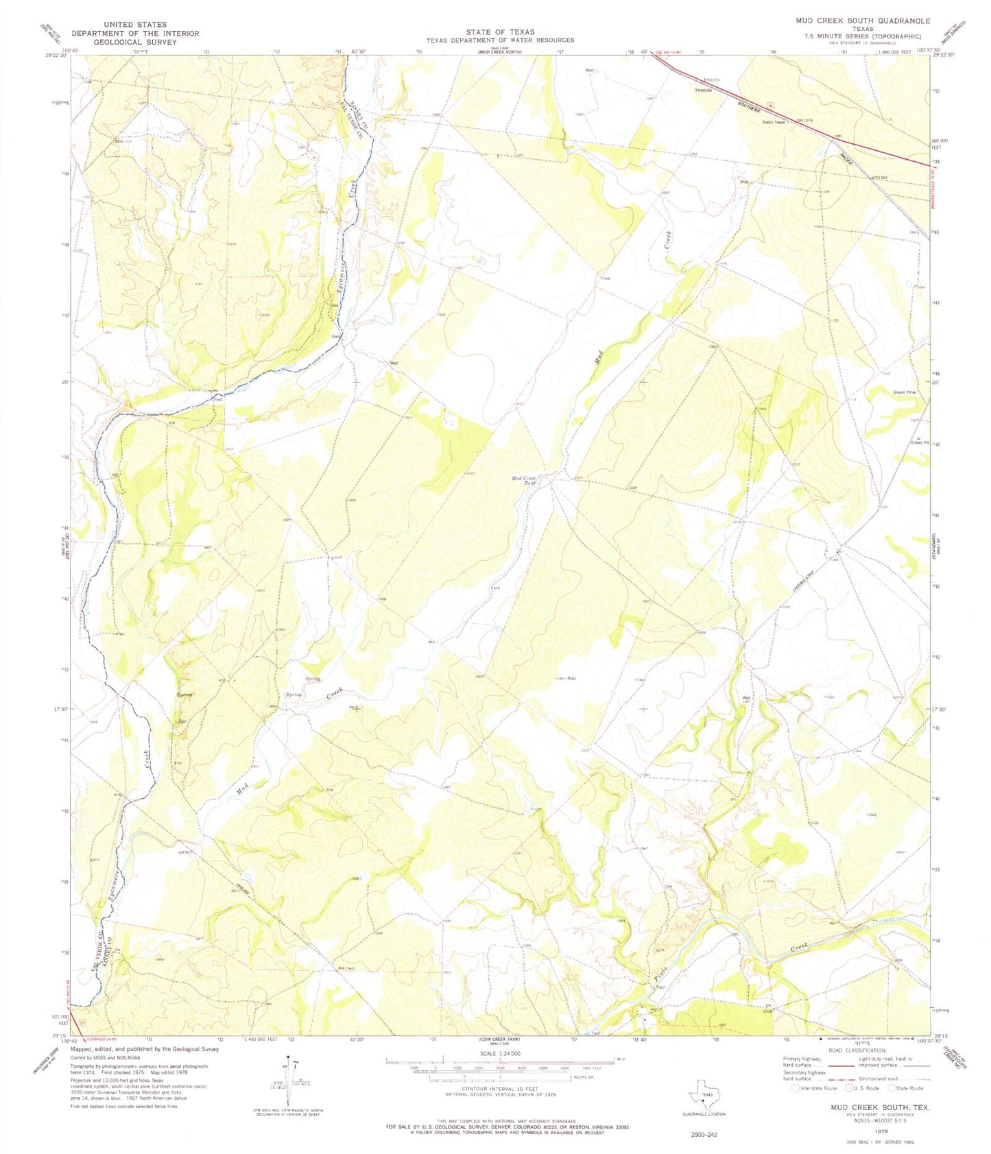 Classic USGS Mud Creek South Texas 7.5'x7.5' Topo Map Image