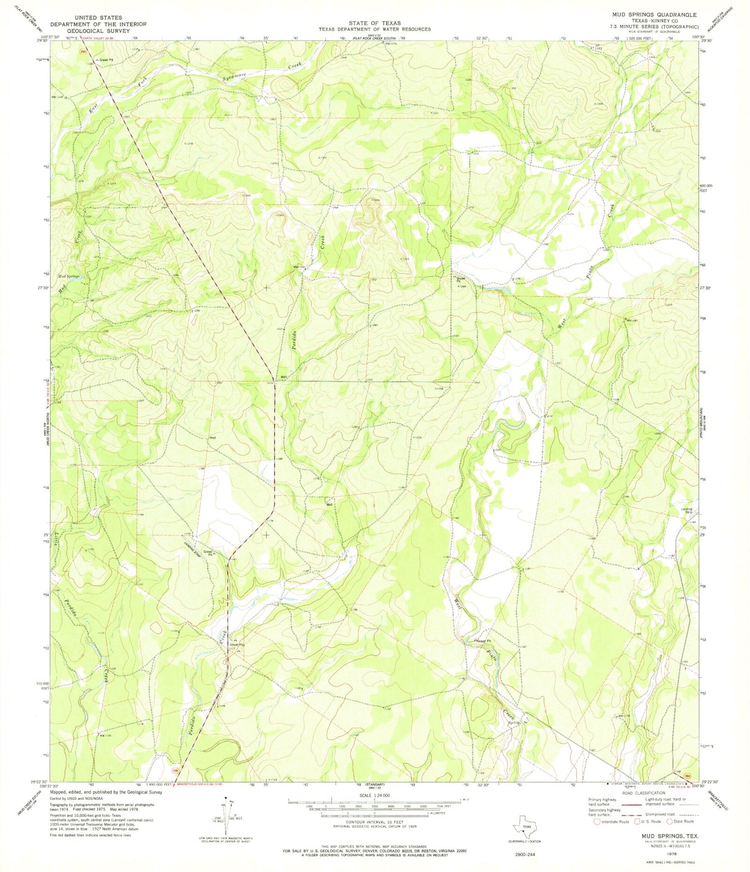 Classic USGS Mud Springs Texas 7.5'x7.5' Topo Map Image