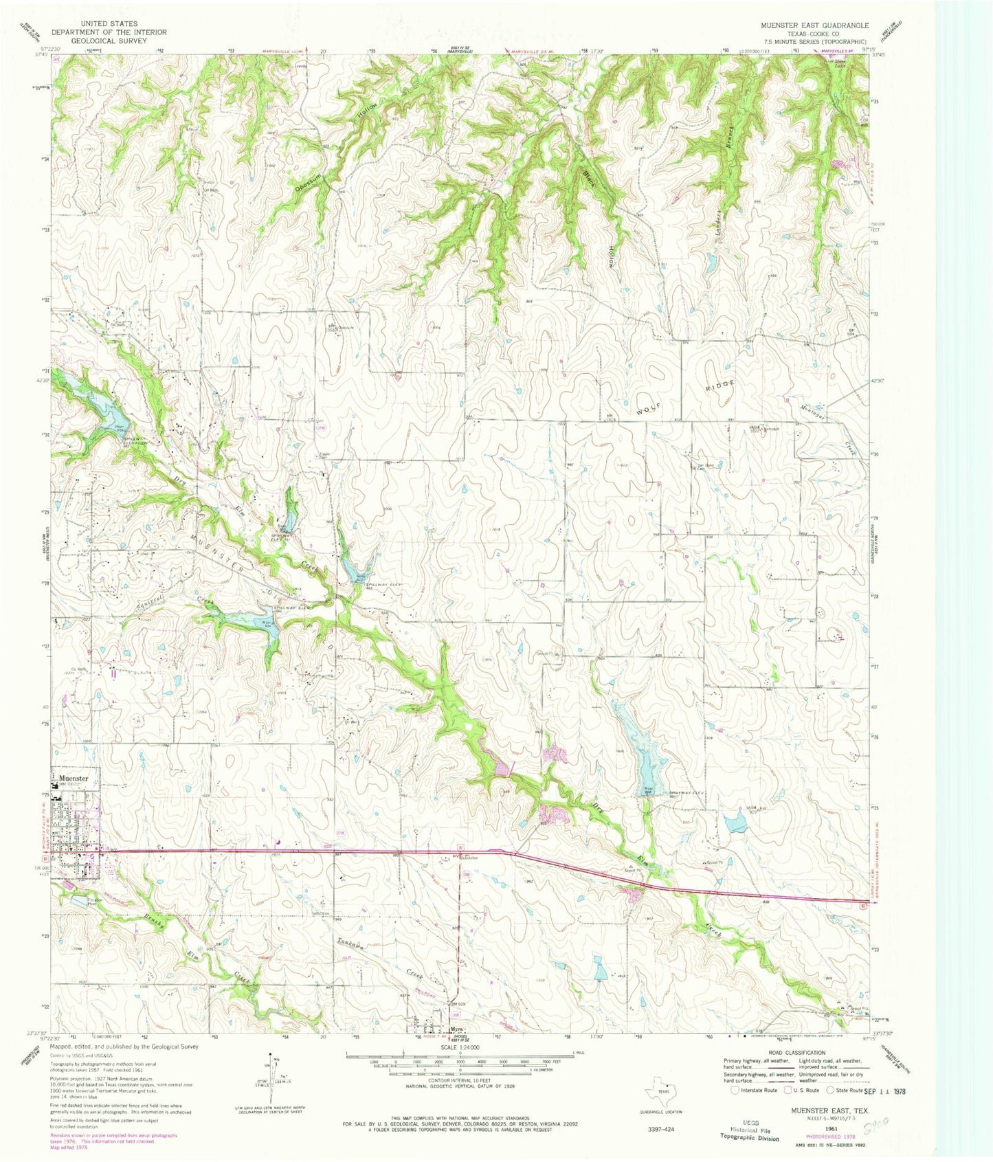 Classic USGS Muenster East Texas 7.5'x7.5' Topo Map Image