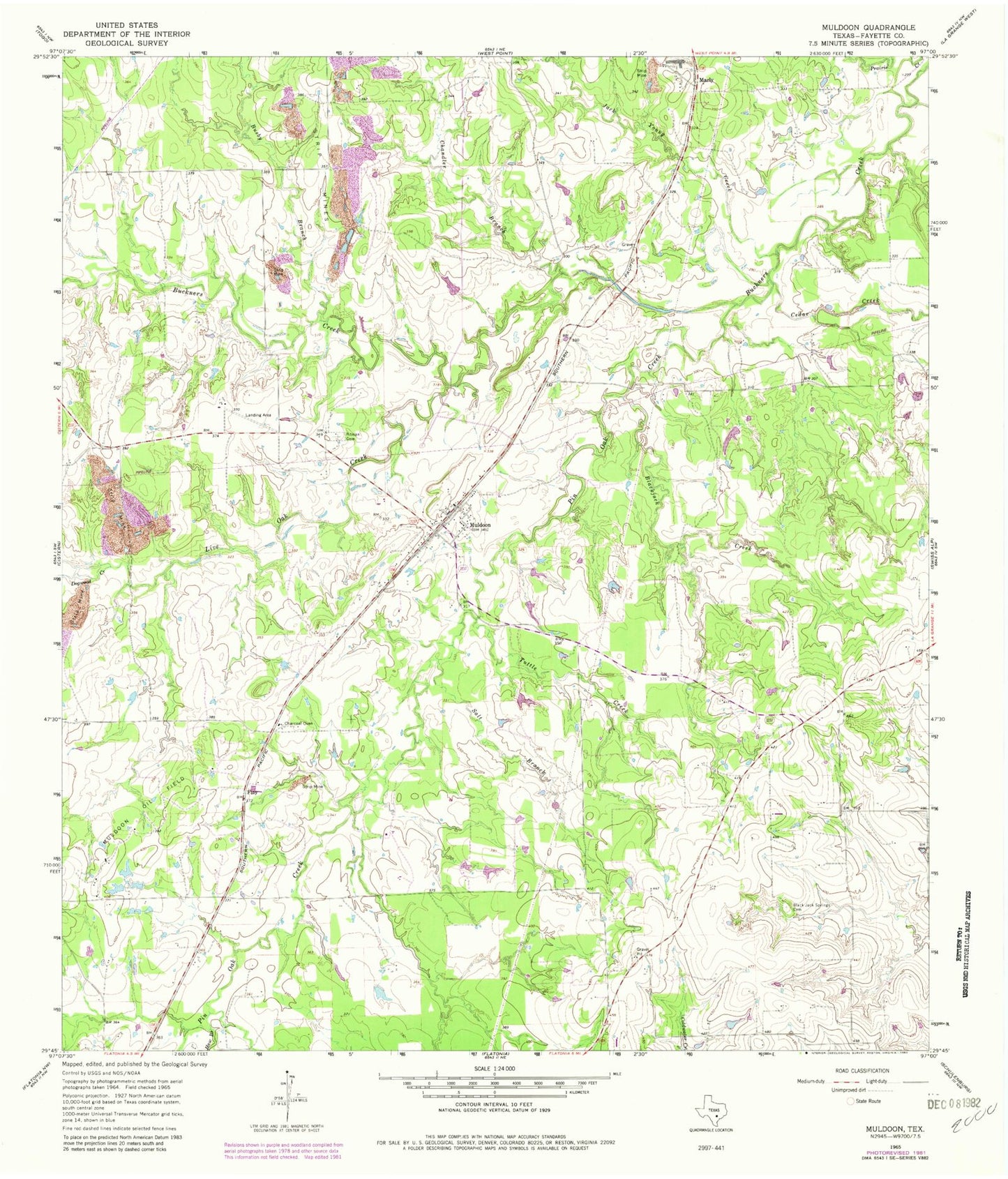 Classic USGS Muldoon Texas 7.5'x7.5' Topo Map Image