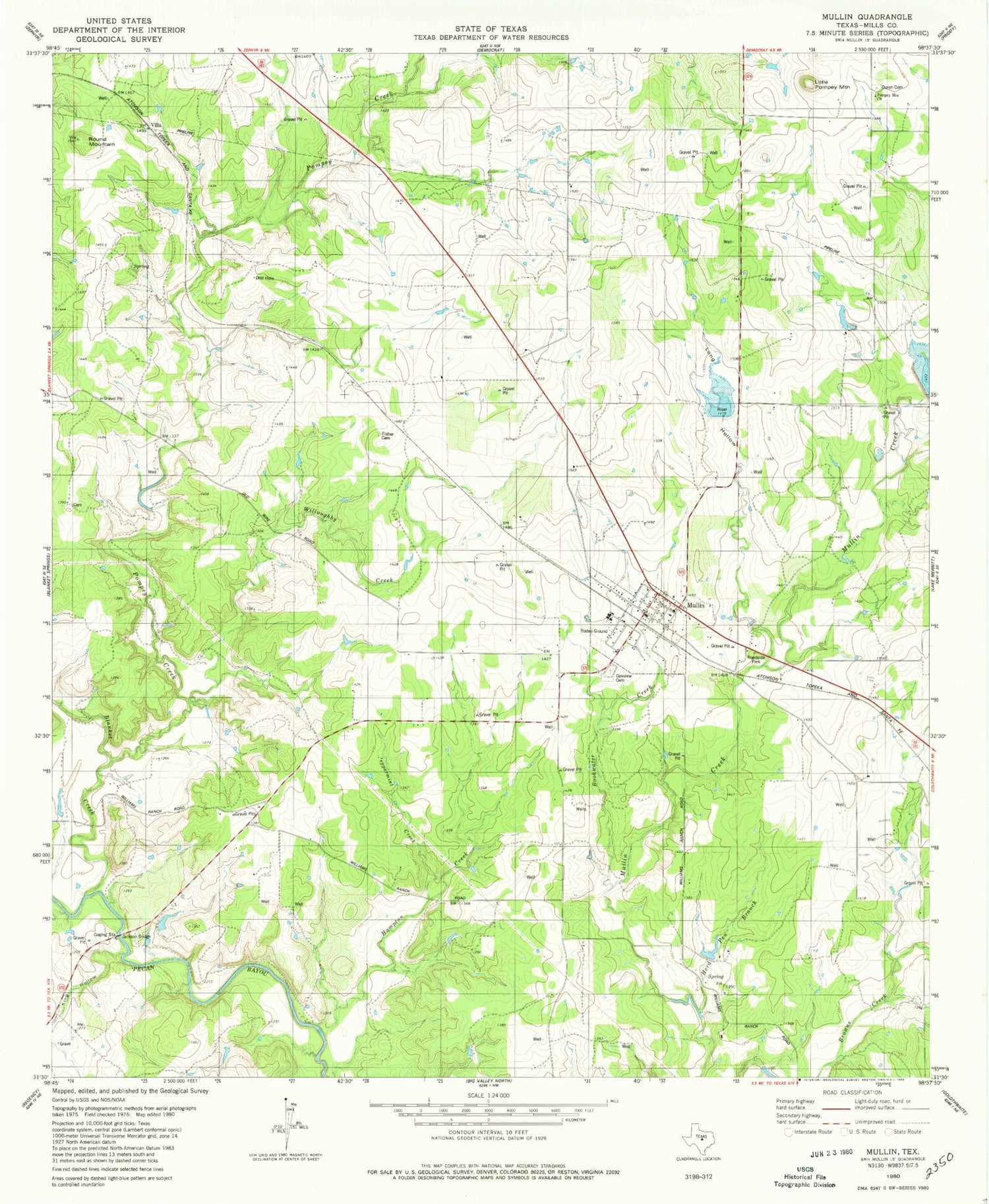 Classic USGS Mullin Texas 7.5'x7.5' Topo Map Image