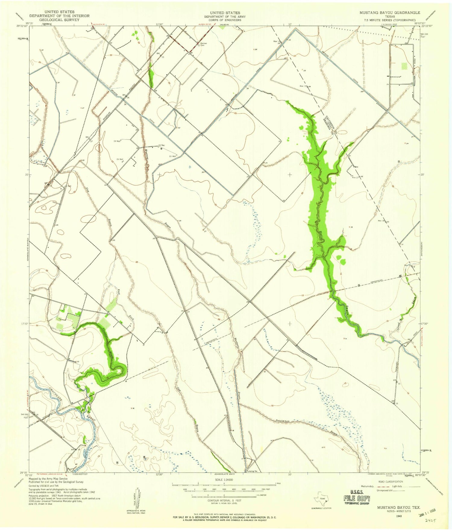 Classic USGS Mustang Bayou Texas 7.5'x7.5' Topo Map Image