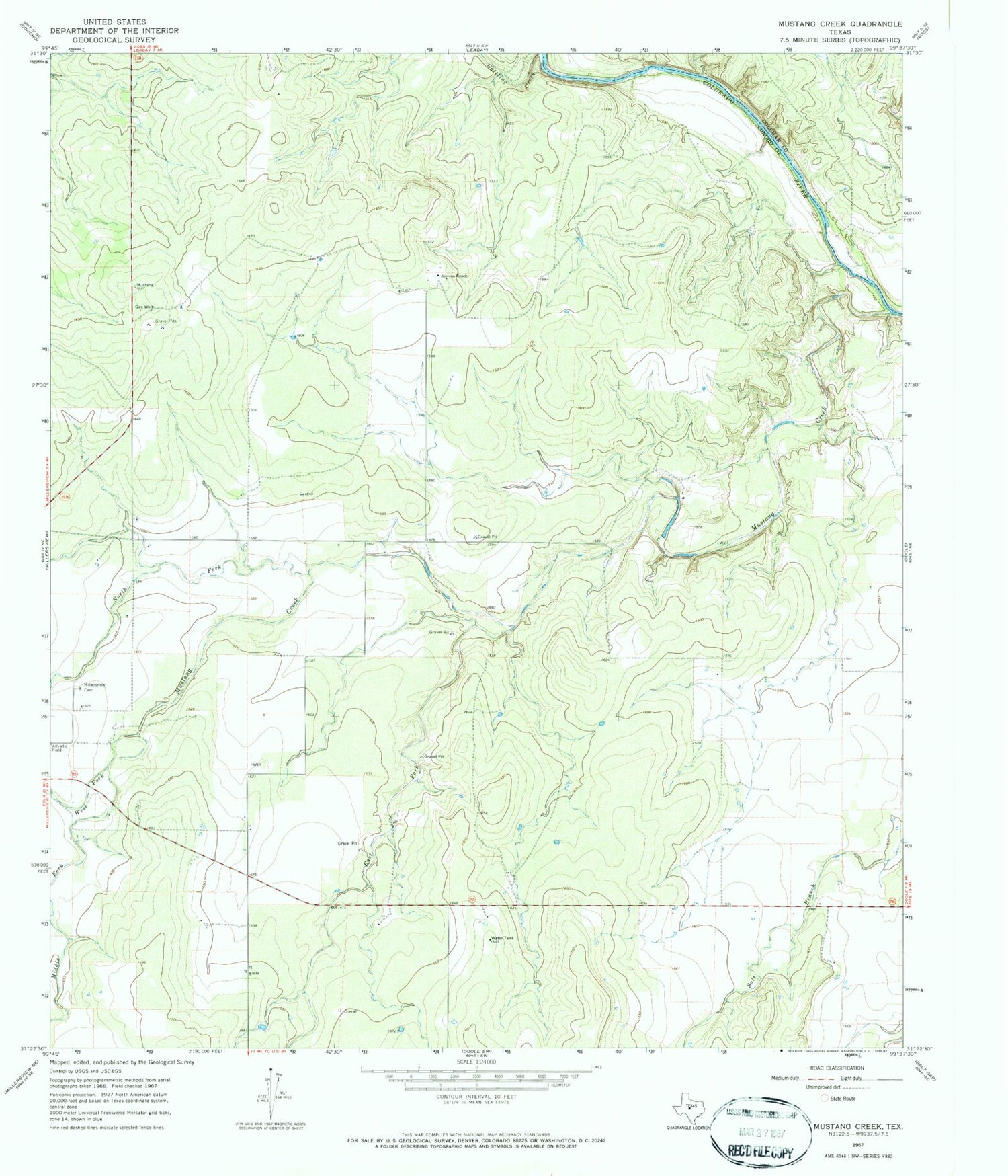 Classic USGS Mustang Creek Texas 7.5'x7.5' Topo Map Image
