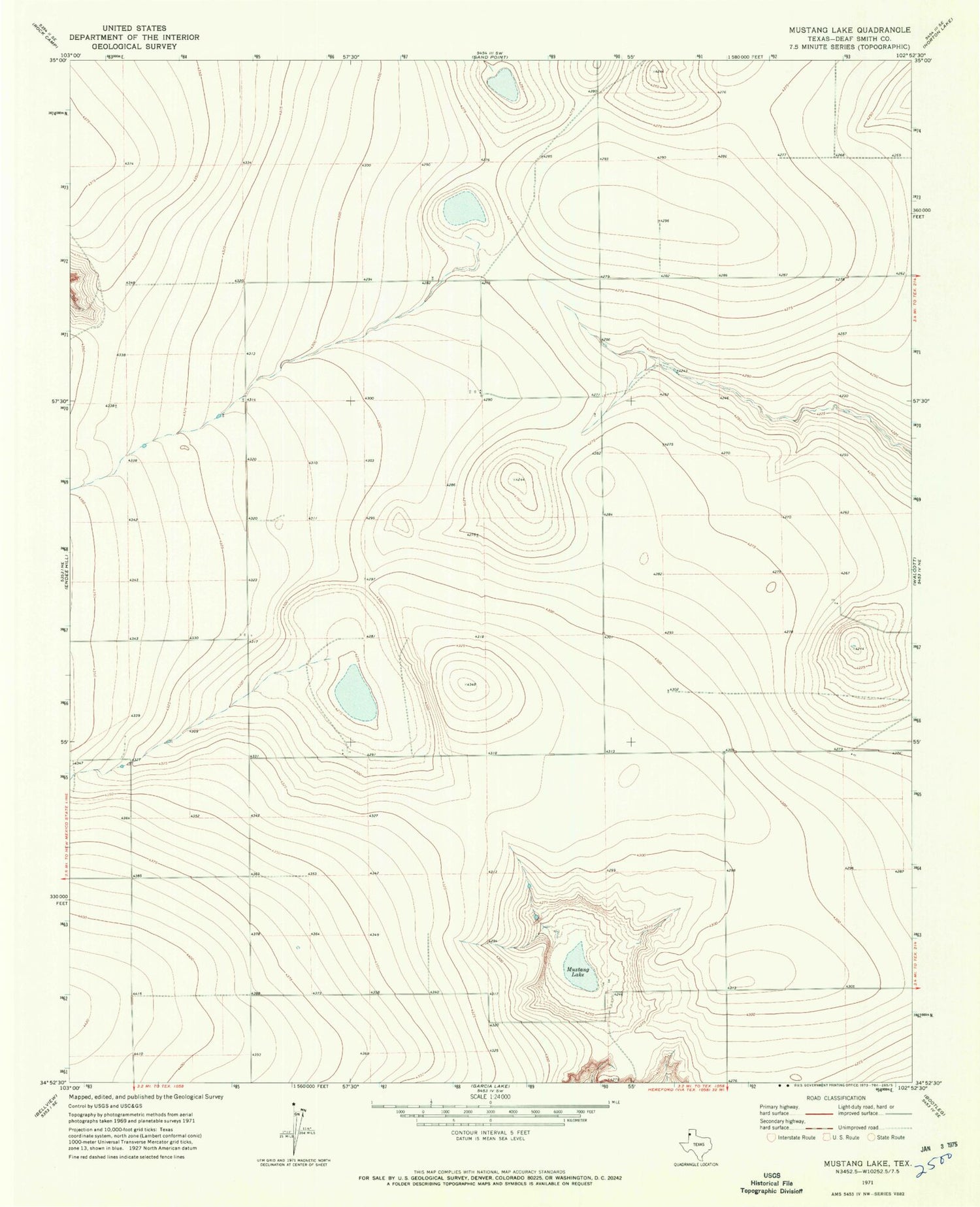 Classic USGS Mustang Lake Texas 7.5'x7.5' Topo Map Image