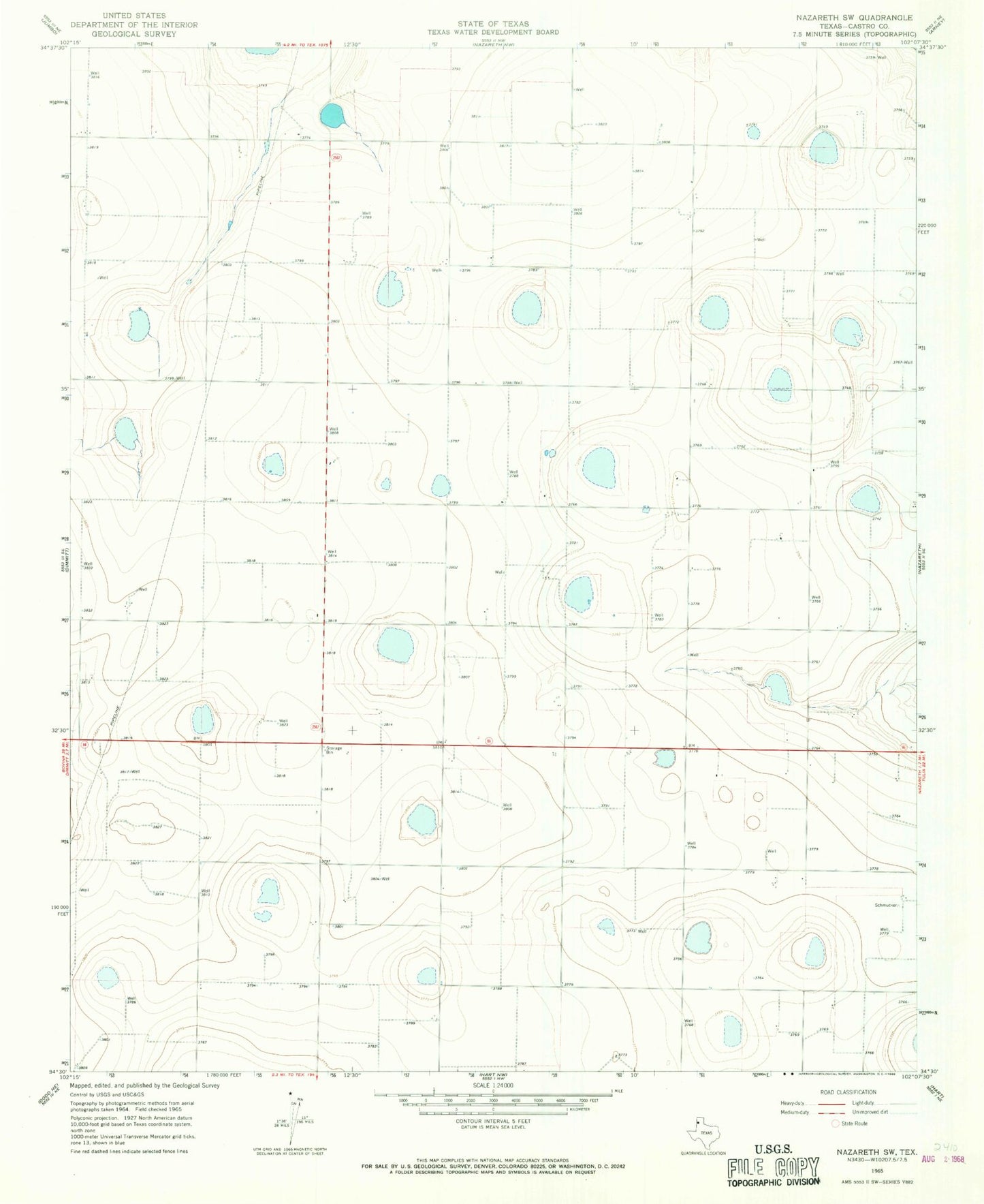 Classic USGS Nazareth SW Texas 7.5'x7.5' Topo Map Image