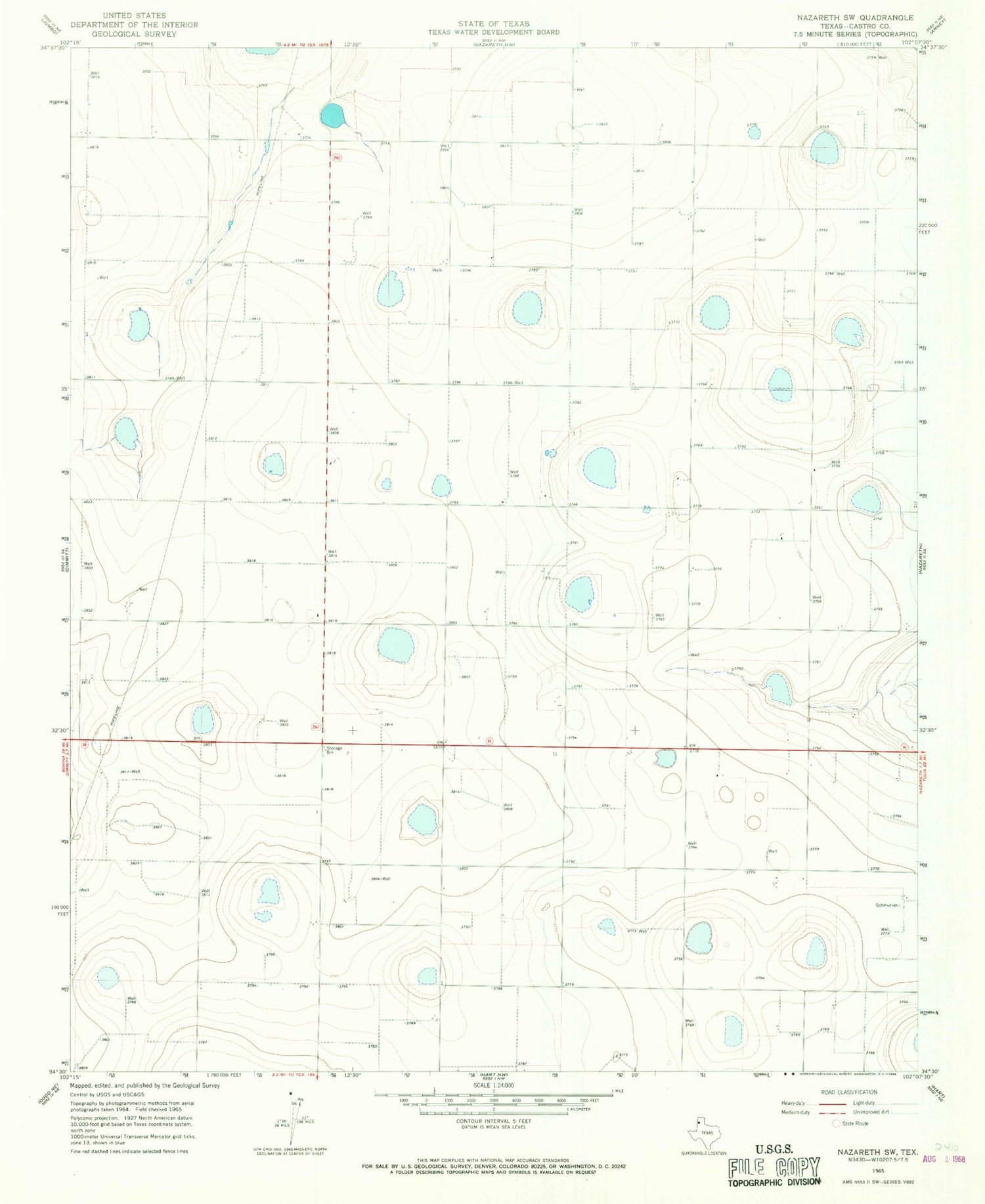Classic USGS Nazareth SW Texas 7.5'x7.5' Topo Map Image