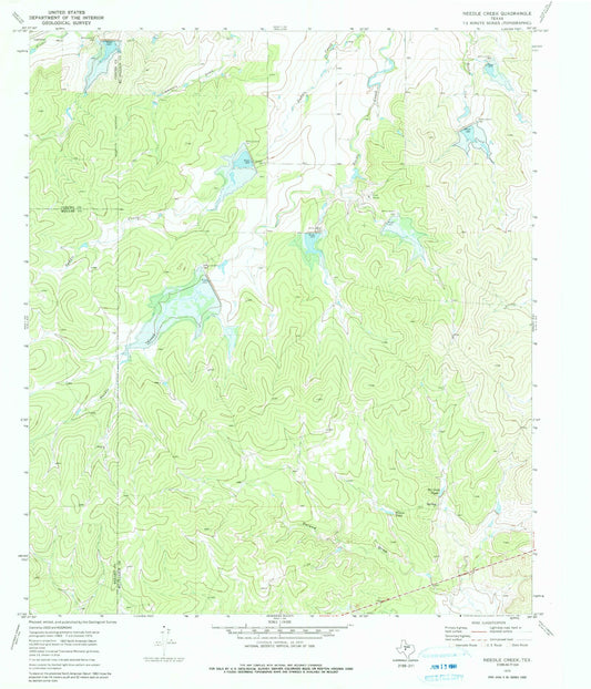 Classic USGS Needle Creek Texas 7.5'x7.5' Topo Map Image