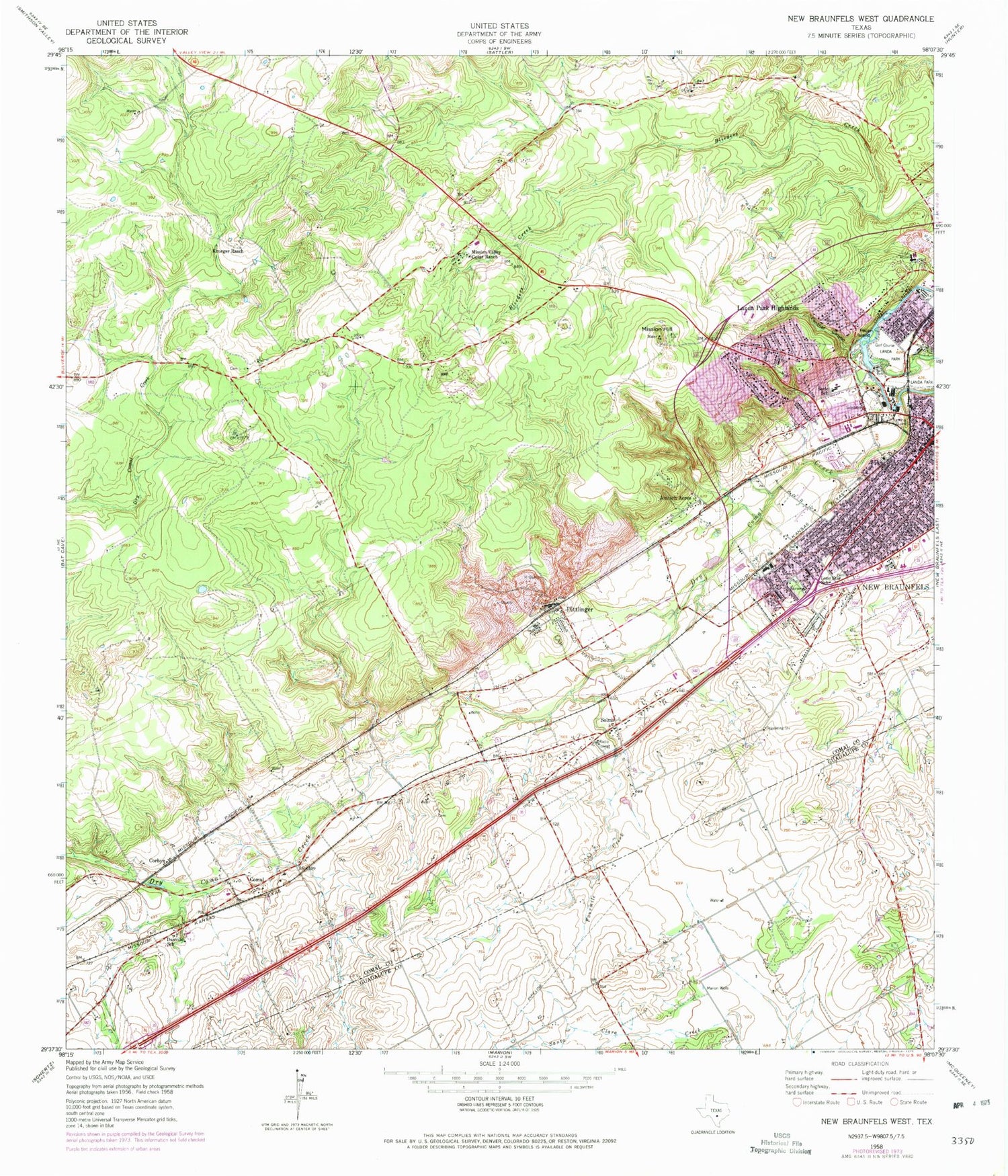Classic USGS New Braunfels West Texas 7.5'x7.5' Topo Map Image