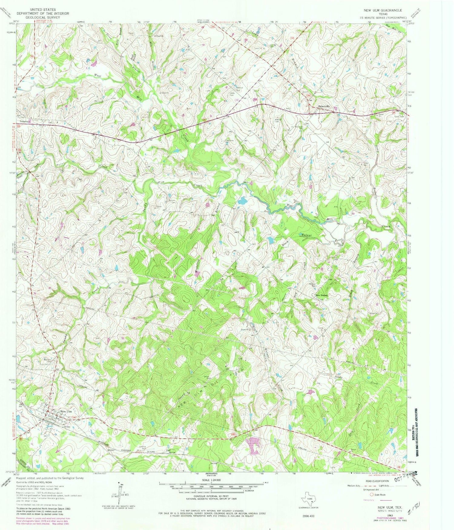 Classic USGS New Ulm Texas 7.5'x7.5' Topo Map Image