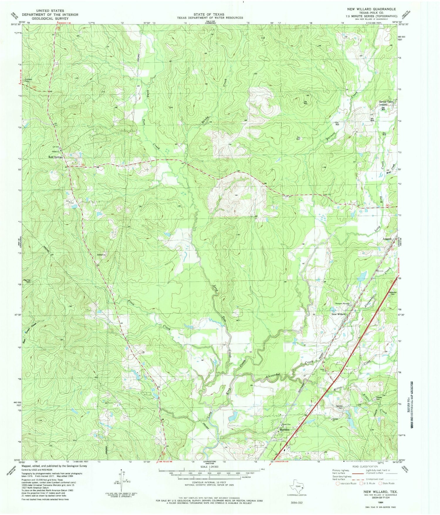 Classic USGS New Willard Texas 7.5'x7.5' Topo Map Image