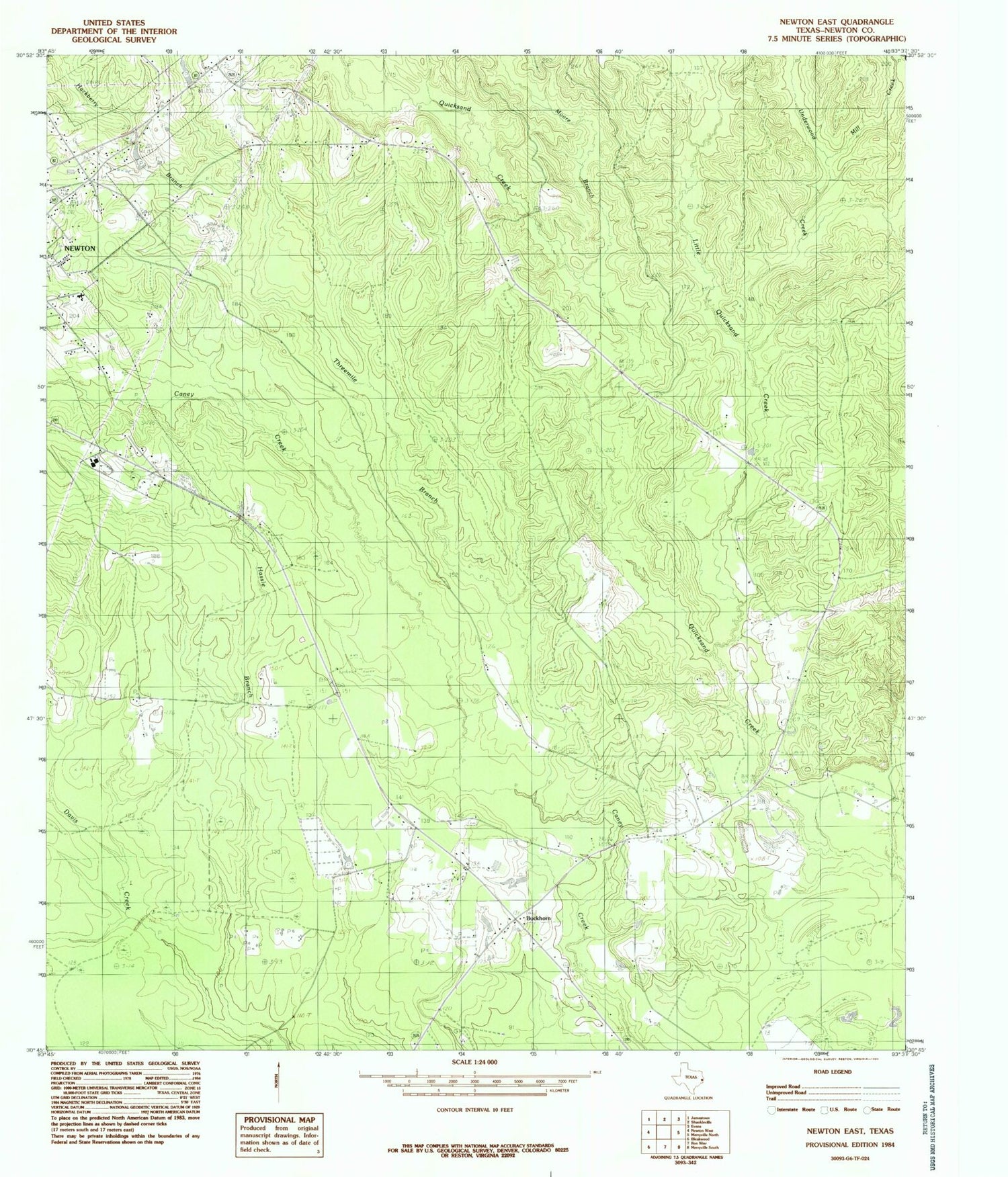 Classic USGS Newton East Texas 7.5'x7.5' Topo Map Image