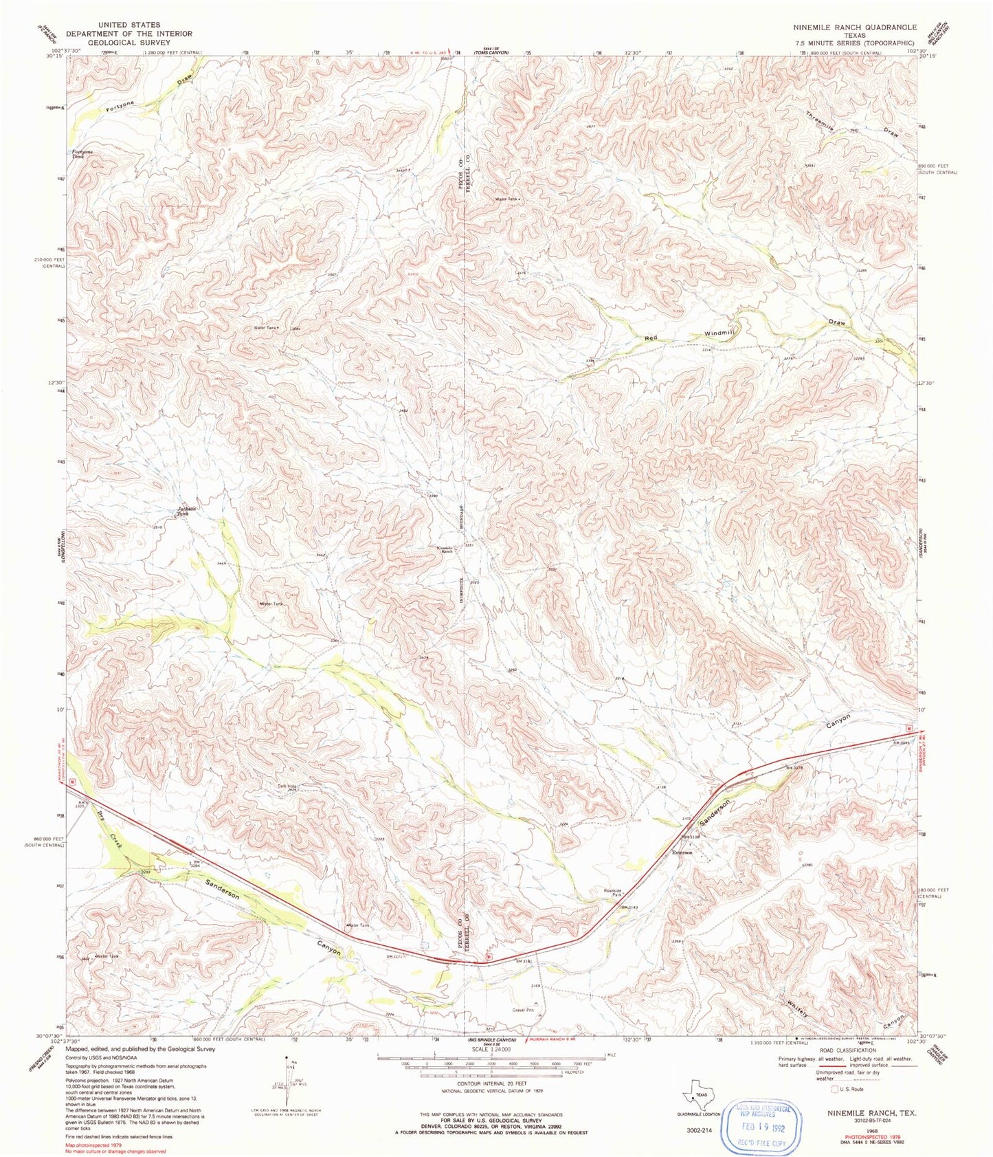Classic USGS Ninemile Ranch Texas 7.5'x7.5' Topo Map Image