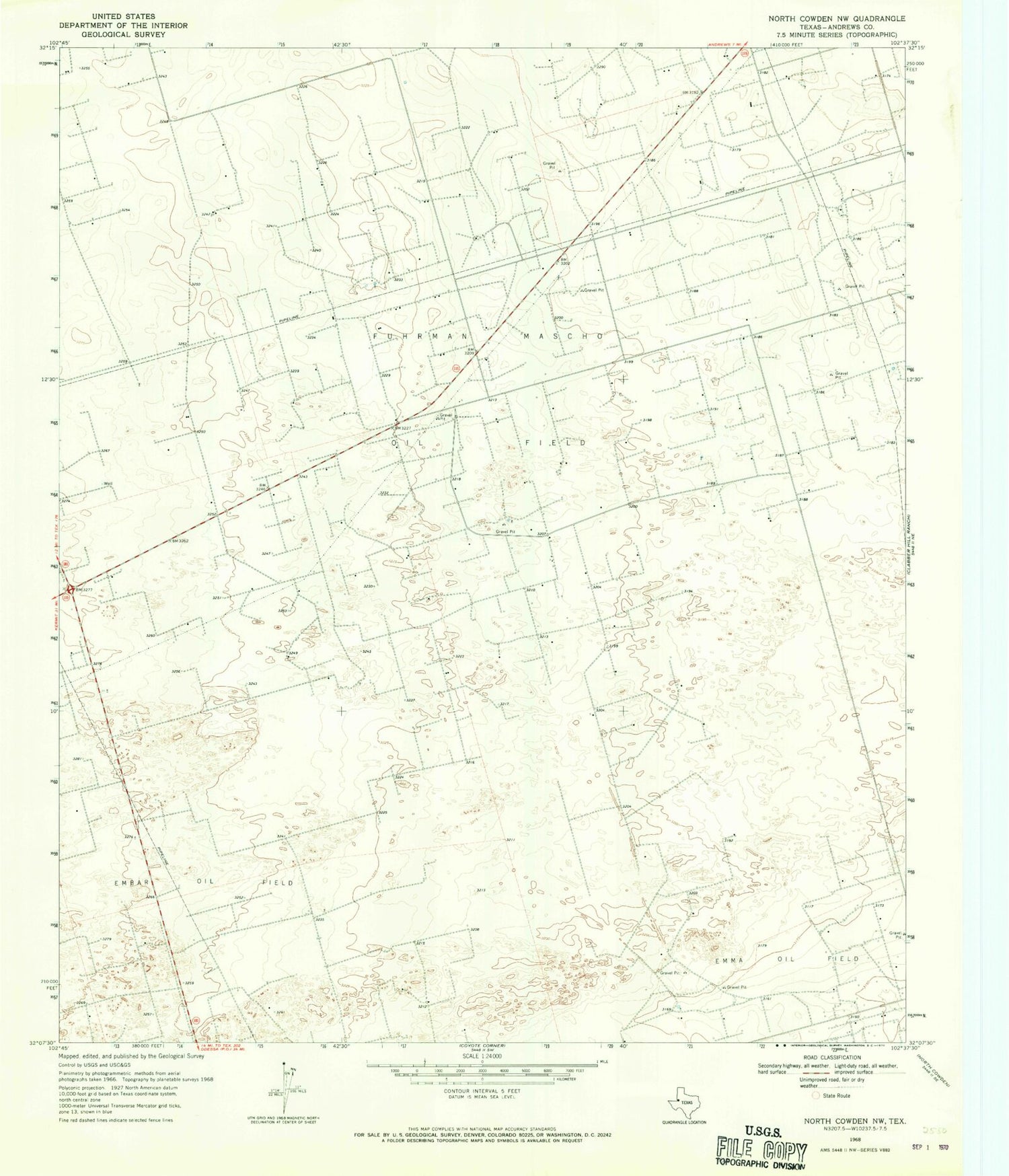 Classic USGS North Cowden NW Texas 7.5'x7.5' Topo Map Image