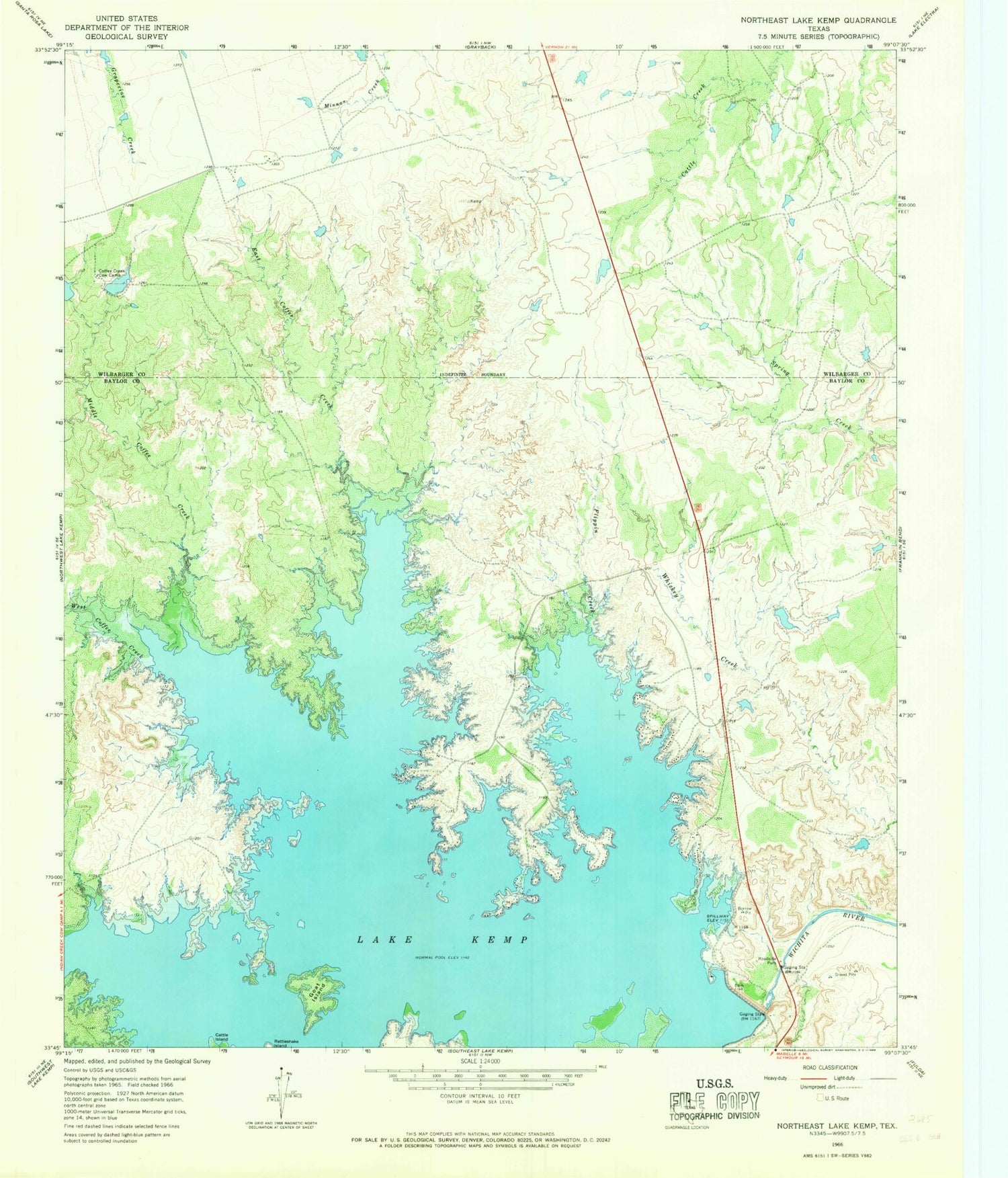 Classic USGS Northeast Lake Kemp Texas 7.5'x7.5' Topo Map Image