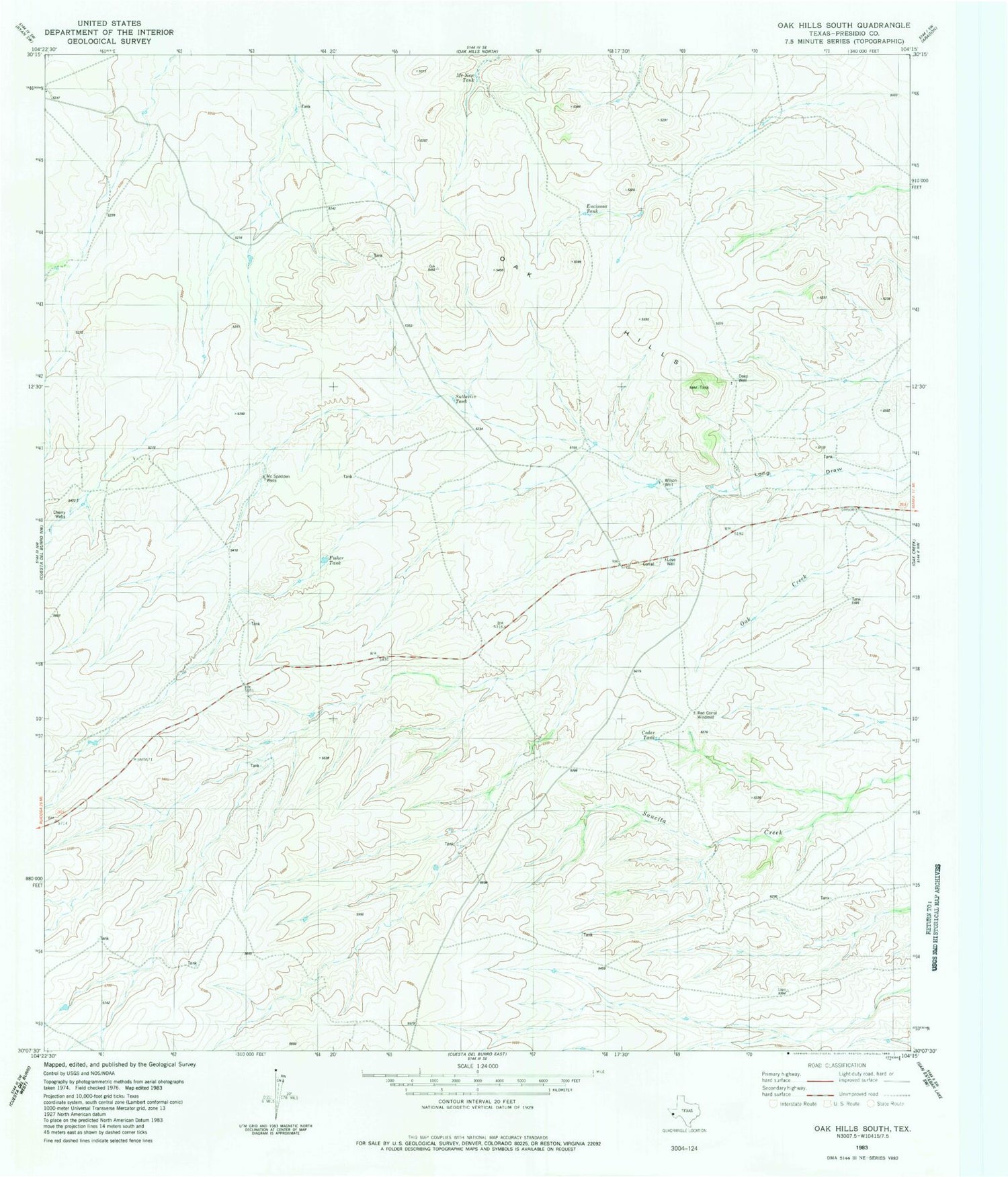 Classic USGS Oak Hills South Texas 7.5'x7.5' Topo Map Image