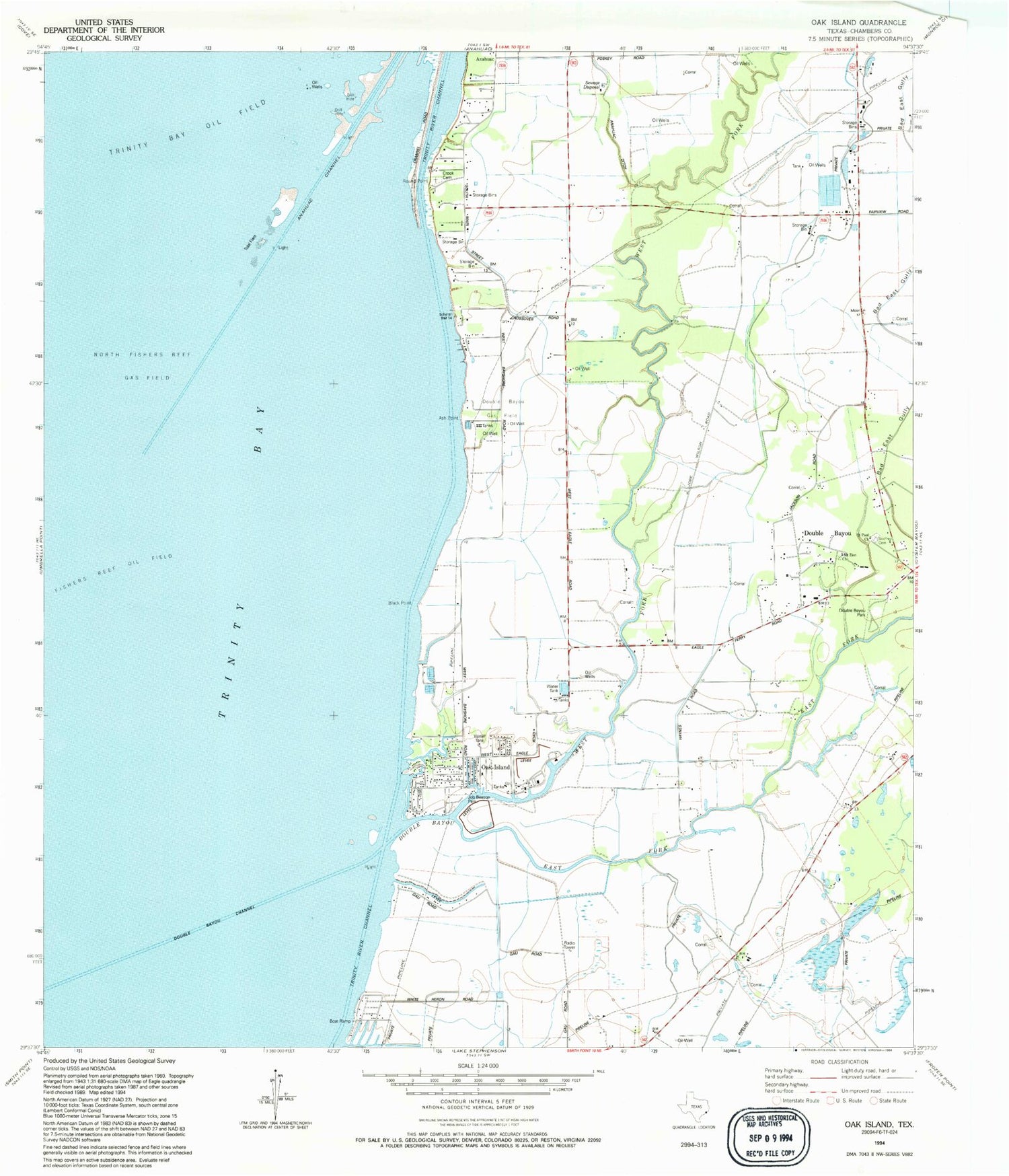 Classic USGS Oak Island Texas 7.5'x7.5' Topo Map Image