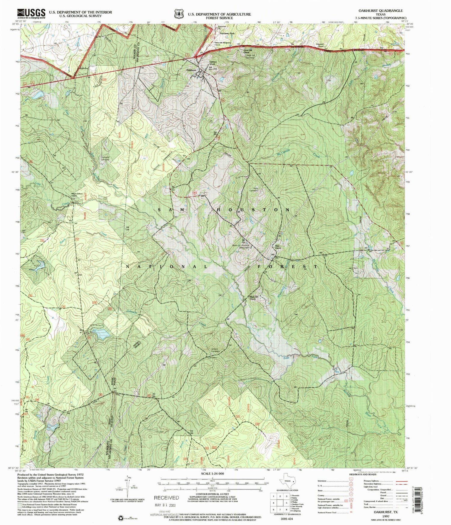 Classic USGS Oakhurst Texas 7.5'x7.5' Topo Map Image