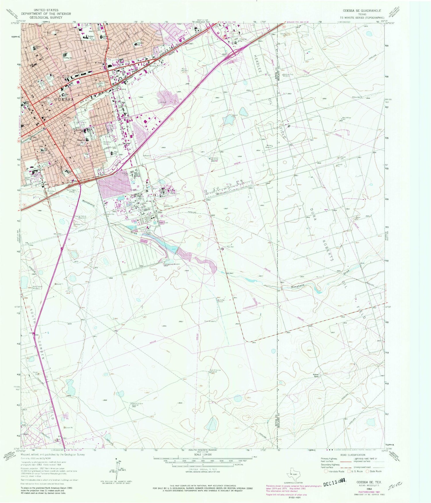 Classic USGS Odessa SE Texas 7.5'x7.5' Topo Map Image