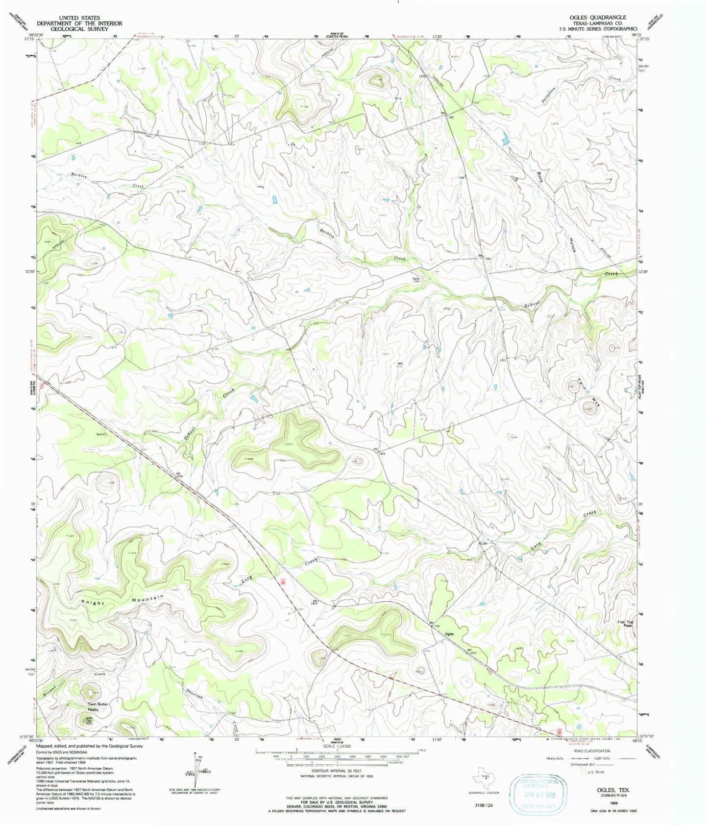 Classic USGS Ogles Texas 7.5'x7.5' Topo Map Image