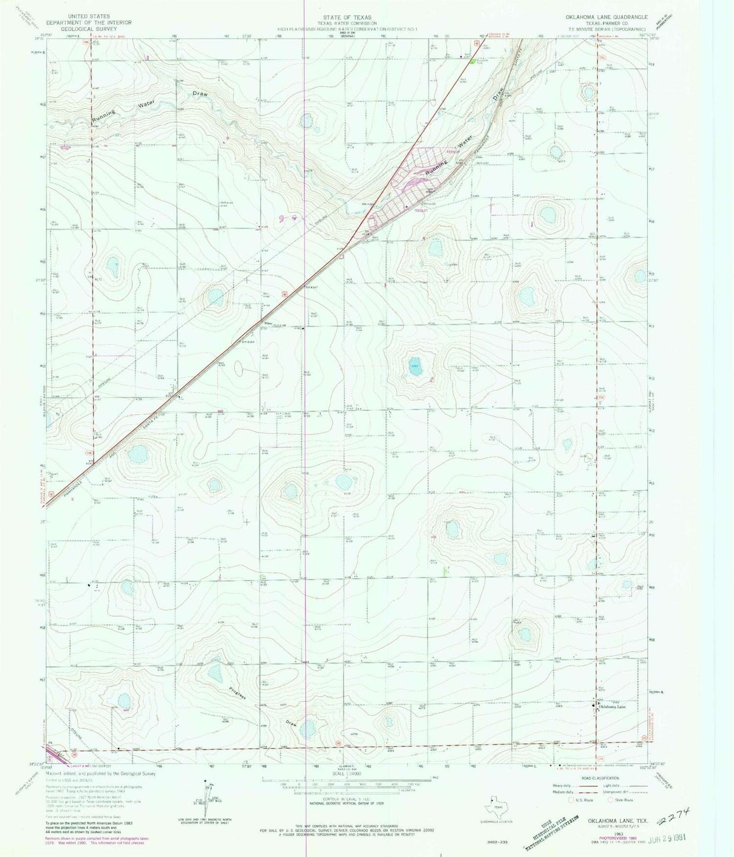 Classic USGS Oklahoma Lane Texas 7.5'x7.5' Topo Map Image