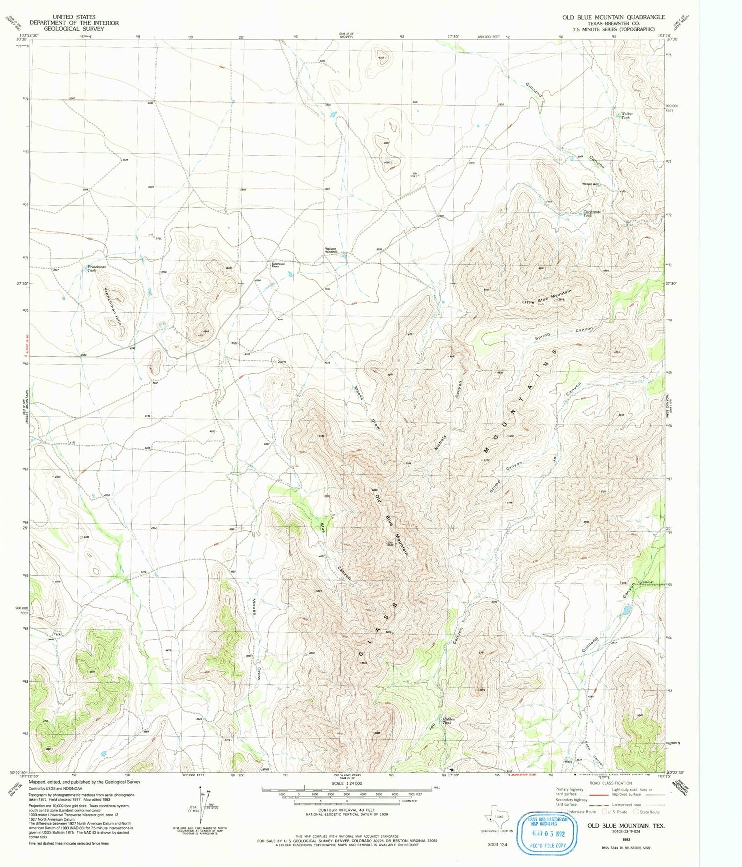 Classic USGS Old Blue Mountain Texas 7.5'x7.5' Topo Map Image