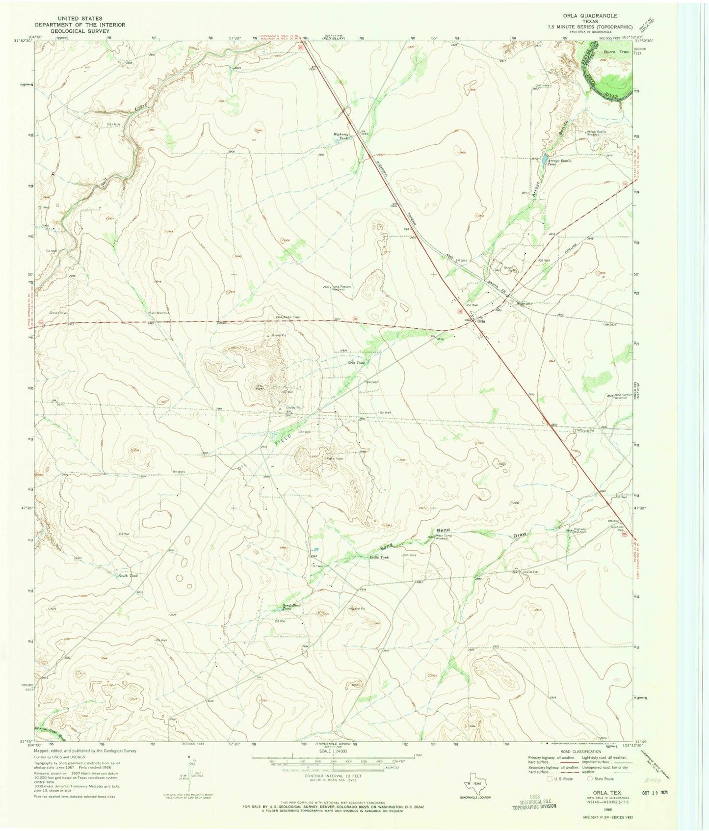 Classic USGS Orla Texas 7.5'x7.5' Topo Map Image