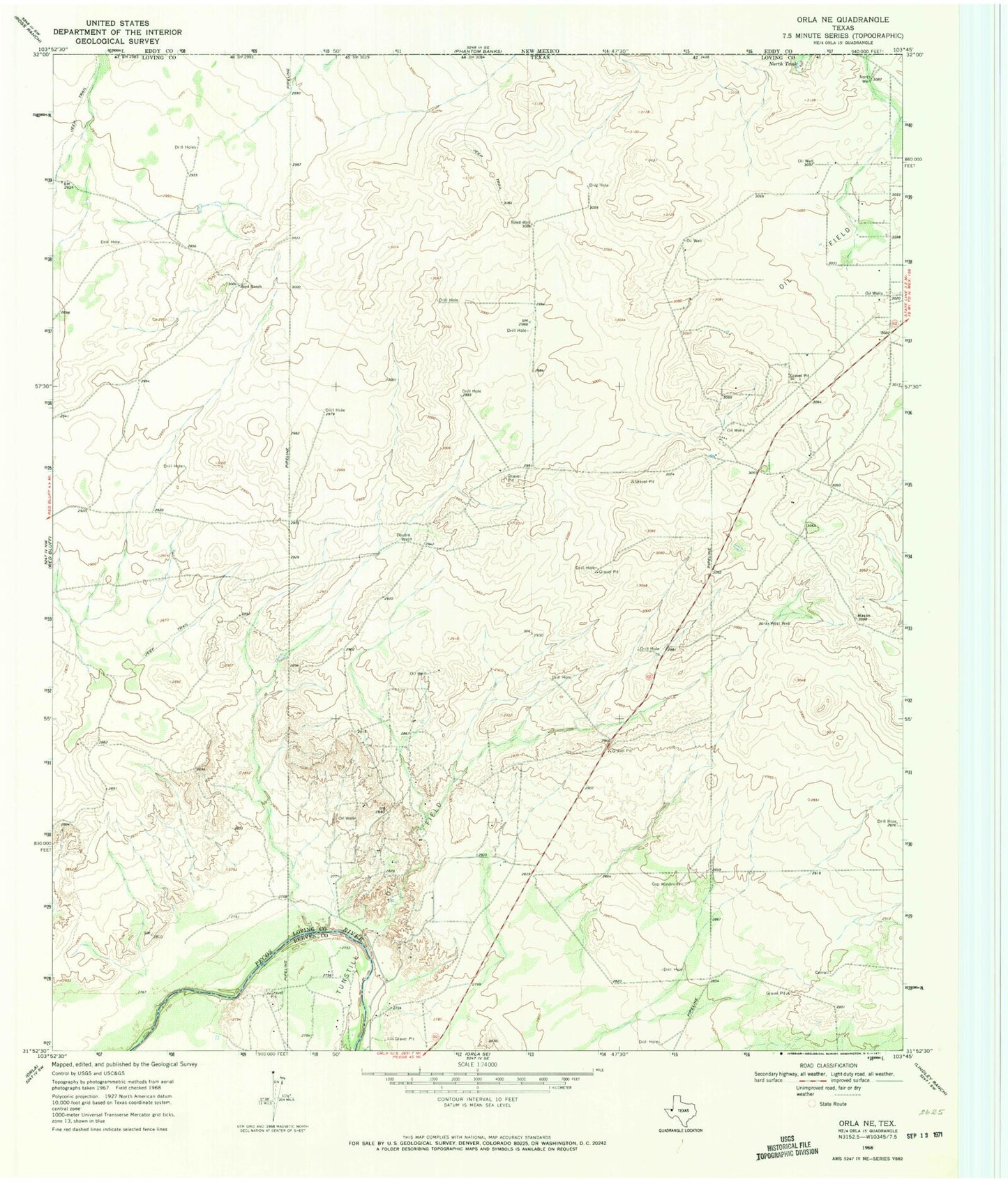 Classic USGS Orla NE Texas 7.5'x7.5' Topo Map Image