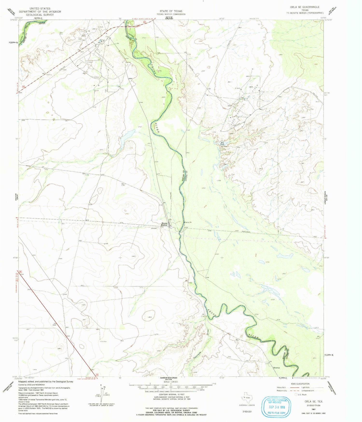 Classic USGS Orla SE Texas 7.5'x7.5' Topo Map Image