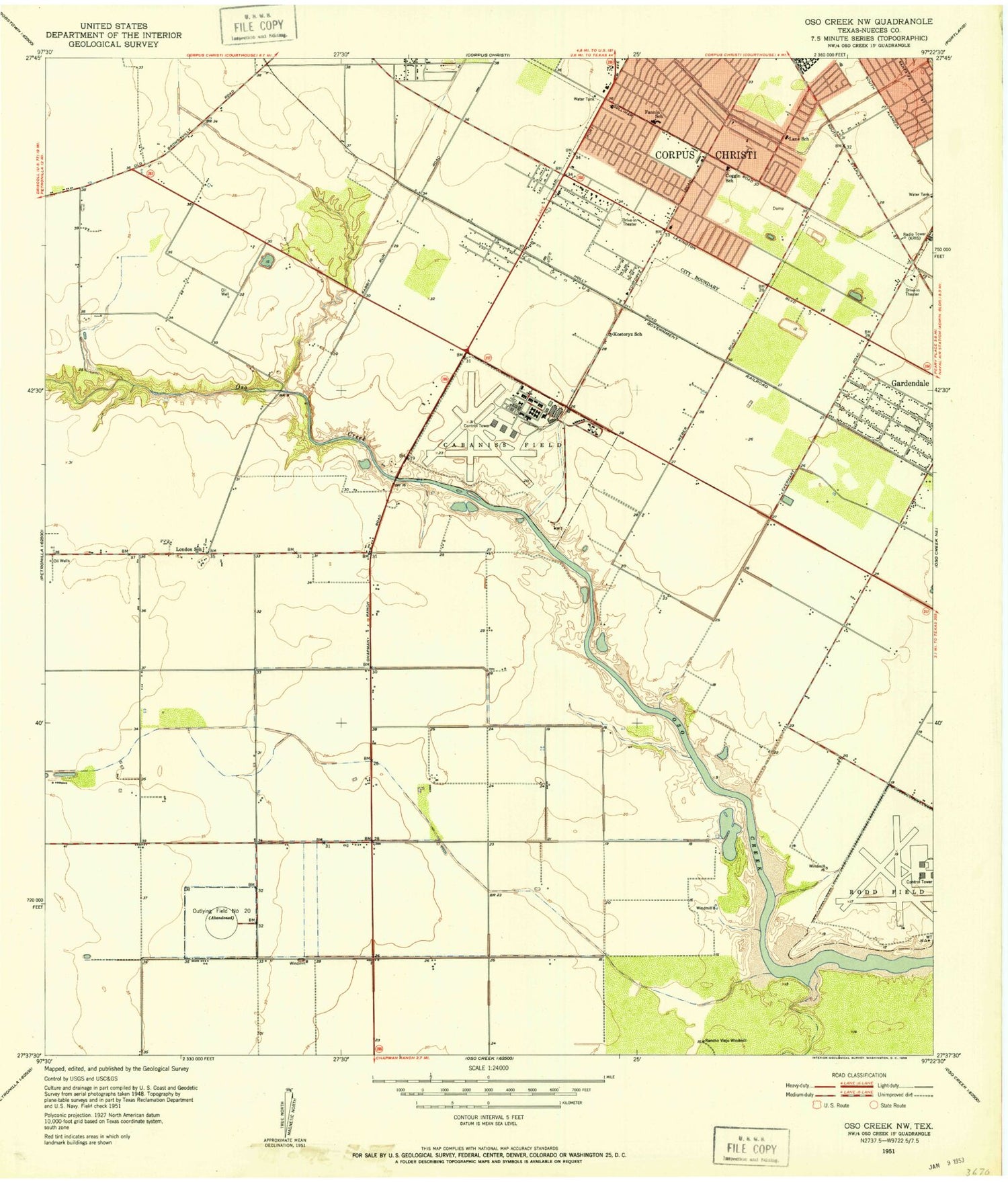 Classic USGS Oso Creek NW Texas 7.5'x7.5' Topo Map Image
