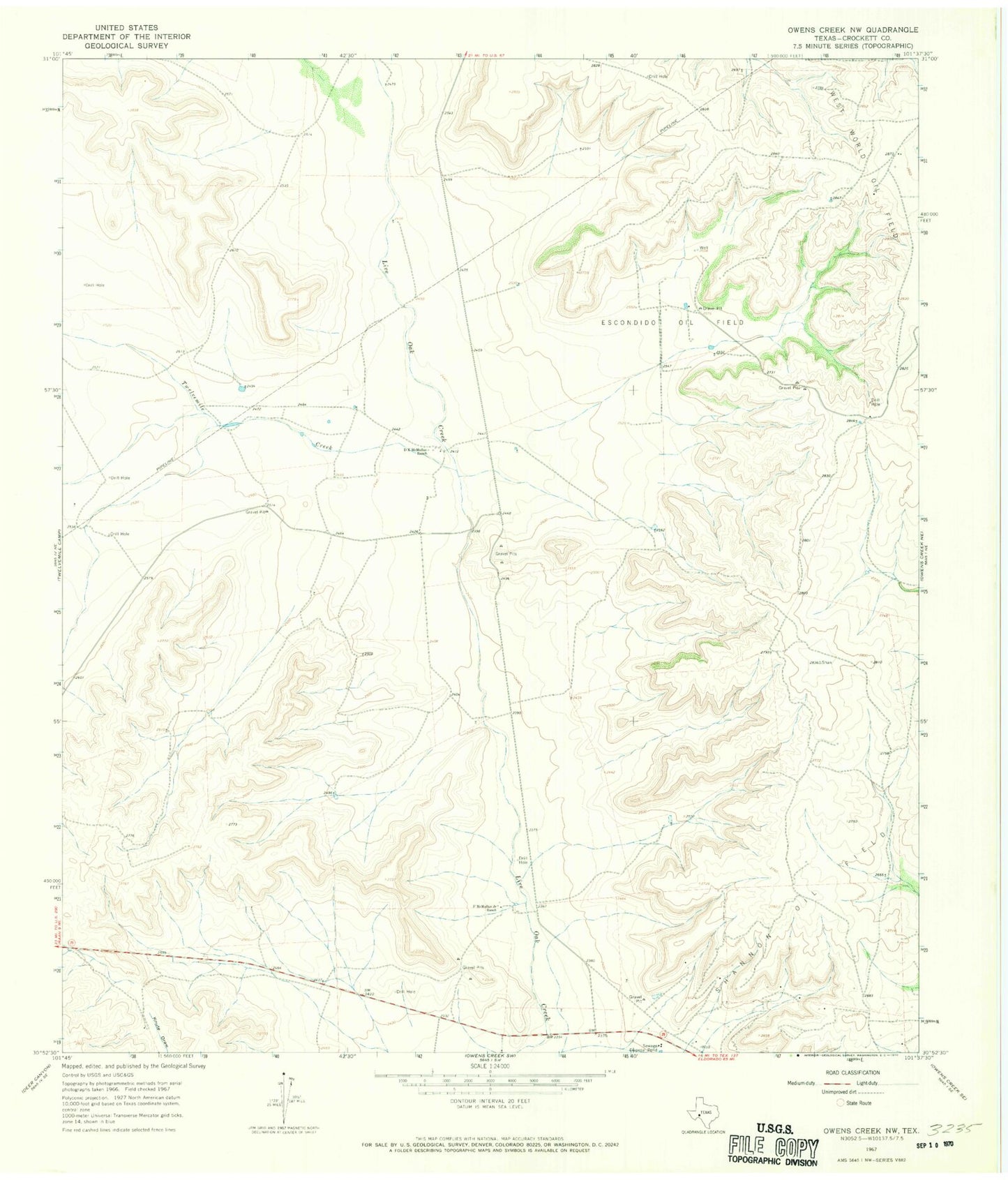 Classic USGS Owens Creek NW Texas 7.5'x7.5' Topo Map Image