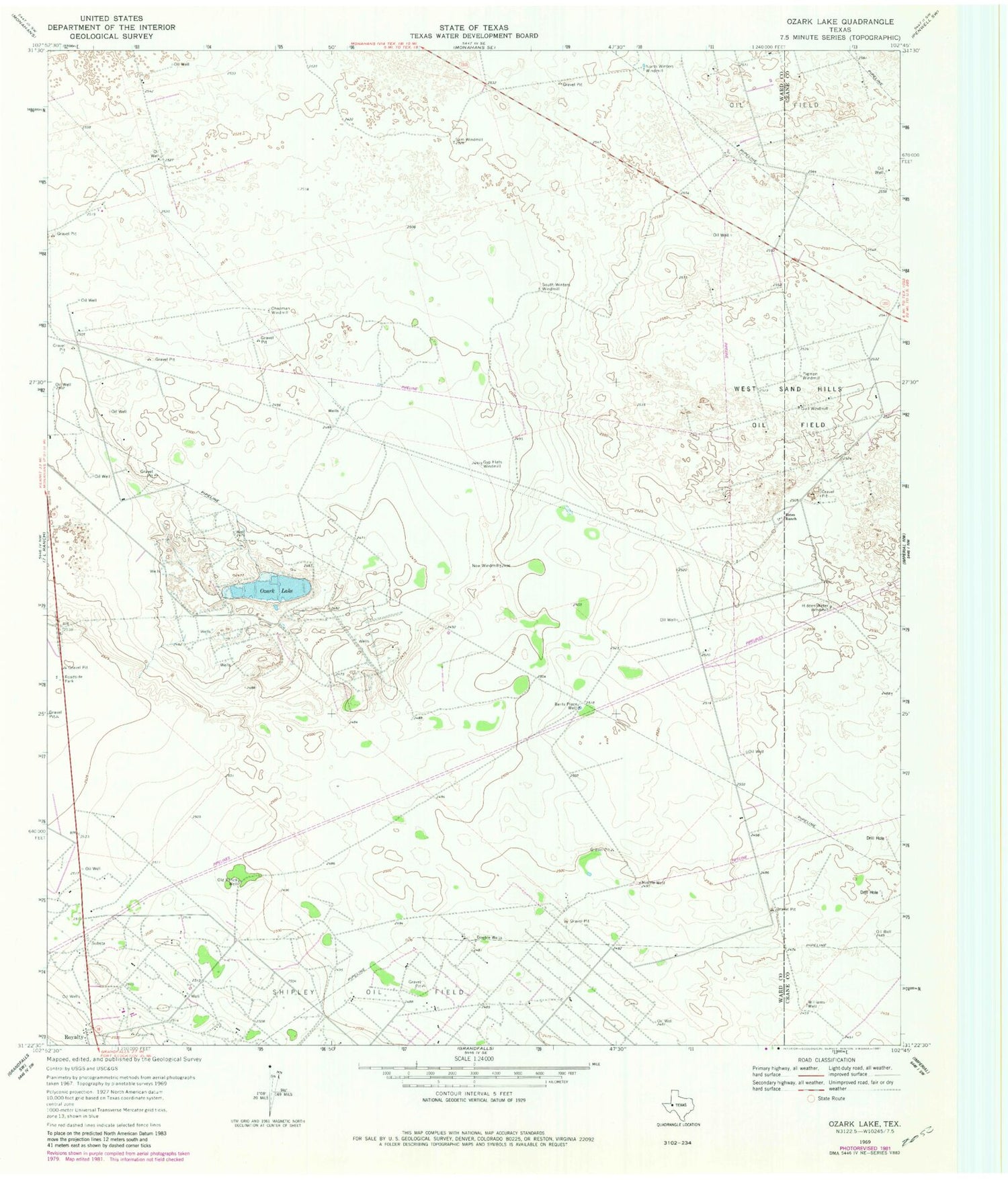 Classic USGS Ozark Lake Texas 7.5'x7.5' Topo Map Image