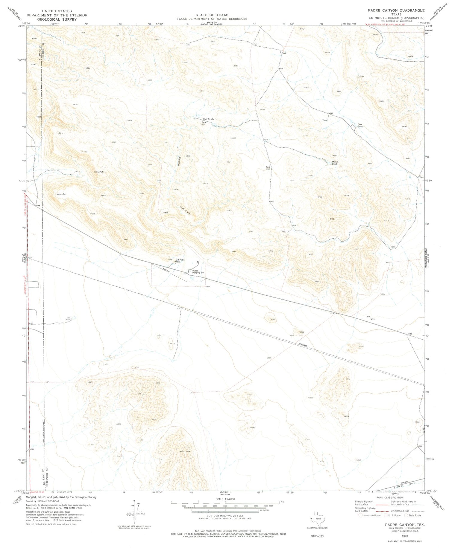Classic USGS Padre Canyon Texas 7.5'x7.5' Topo Map Image