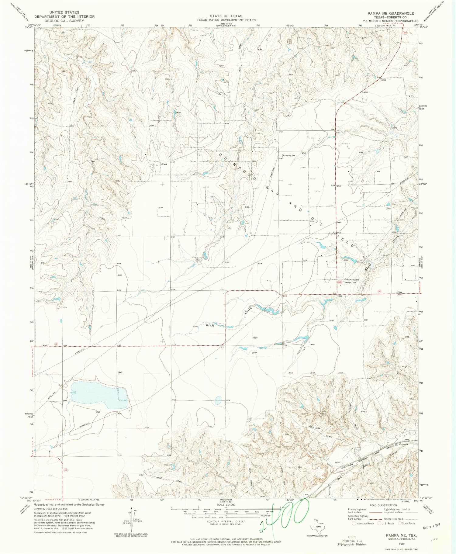 Classic USGS Pampa NE Texas 7.5'x7.5' Topo Map Image