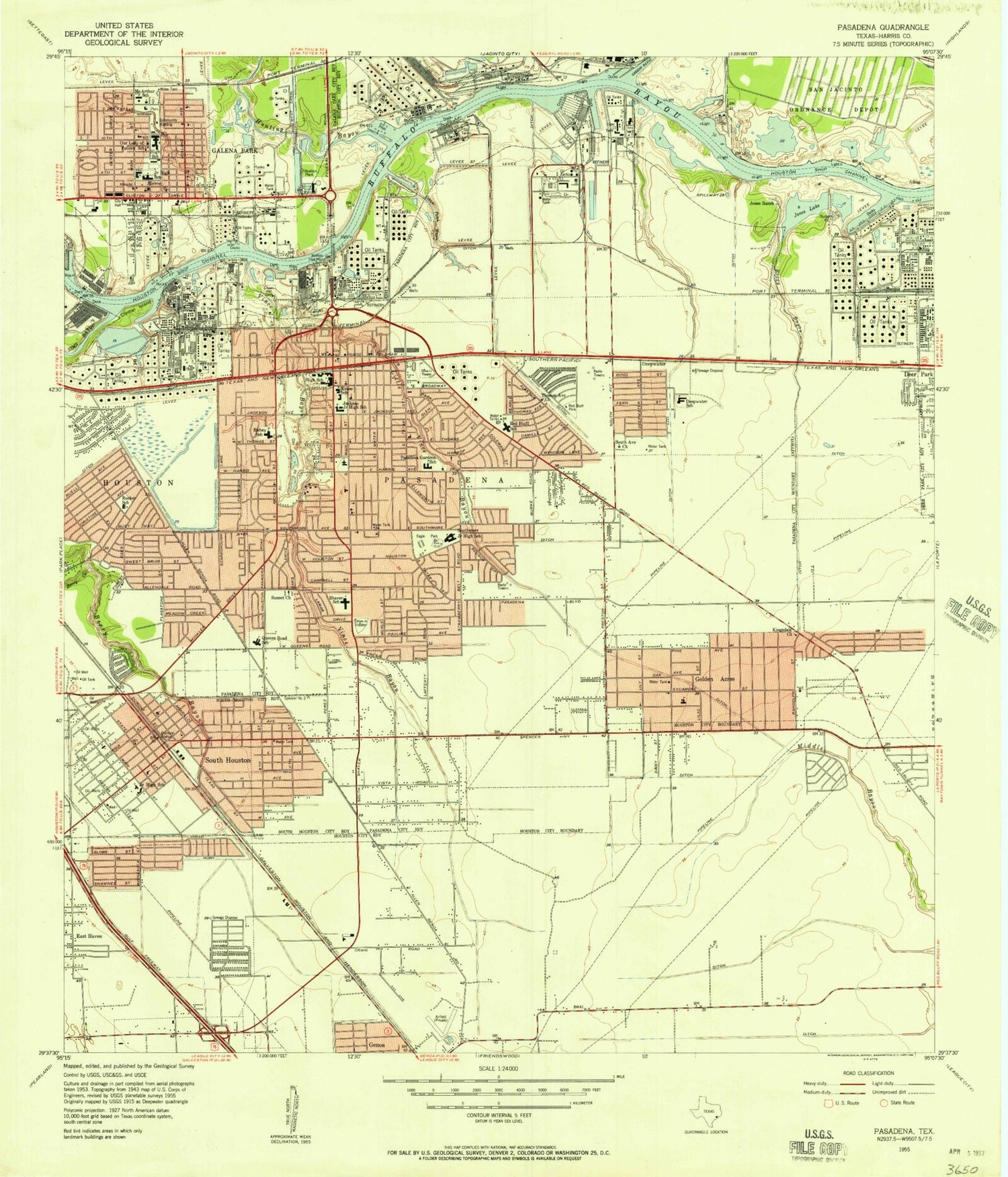 Classic USGS Pasadena Texas 7.5'x7.5' Topo Map Image