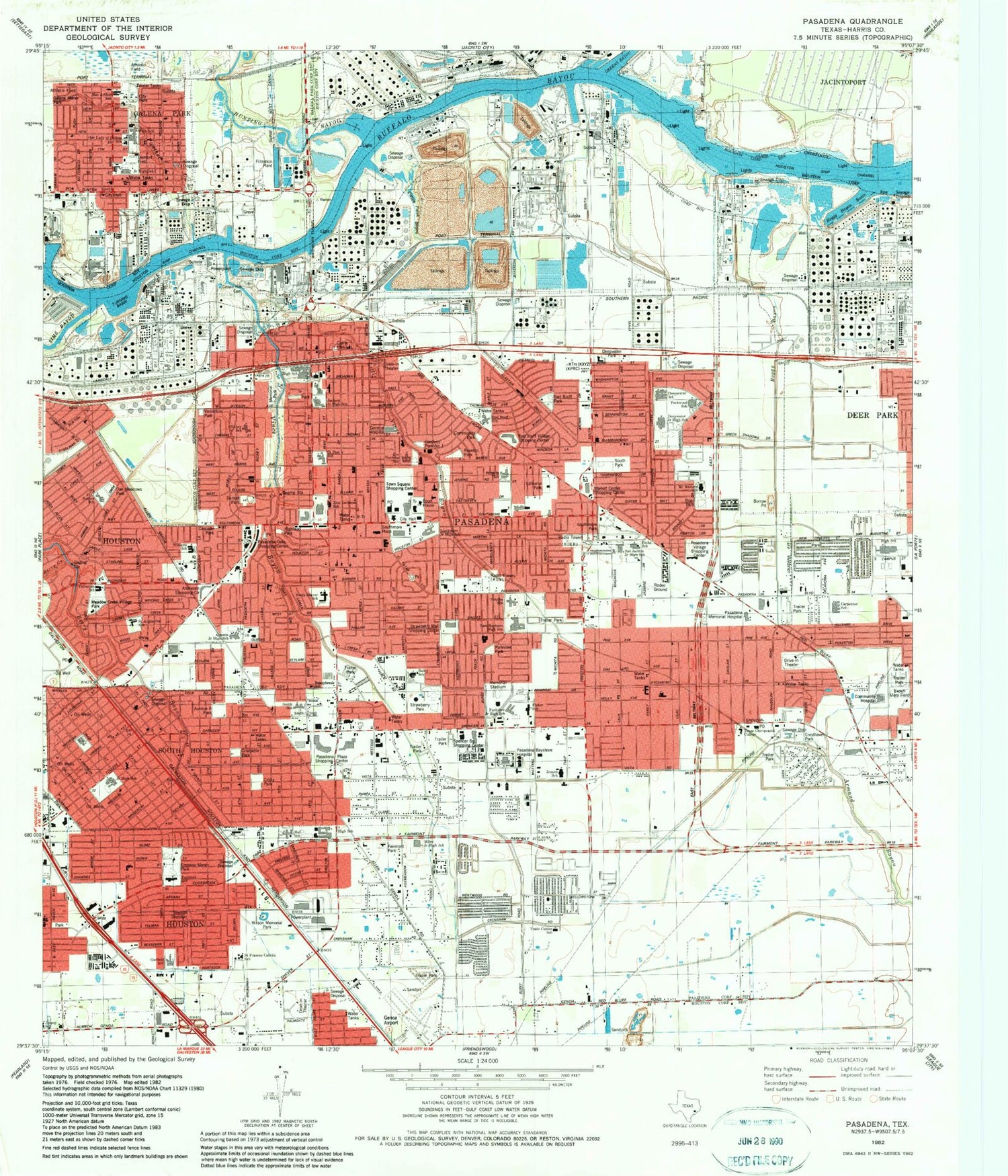 Classic USGS Pasadena Texas 7.5'x7.5' Topo Map Image