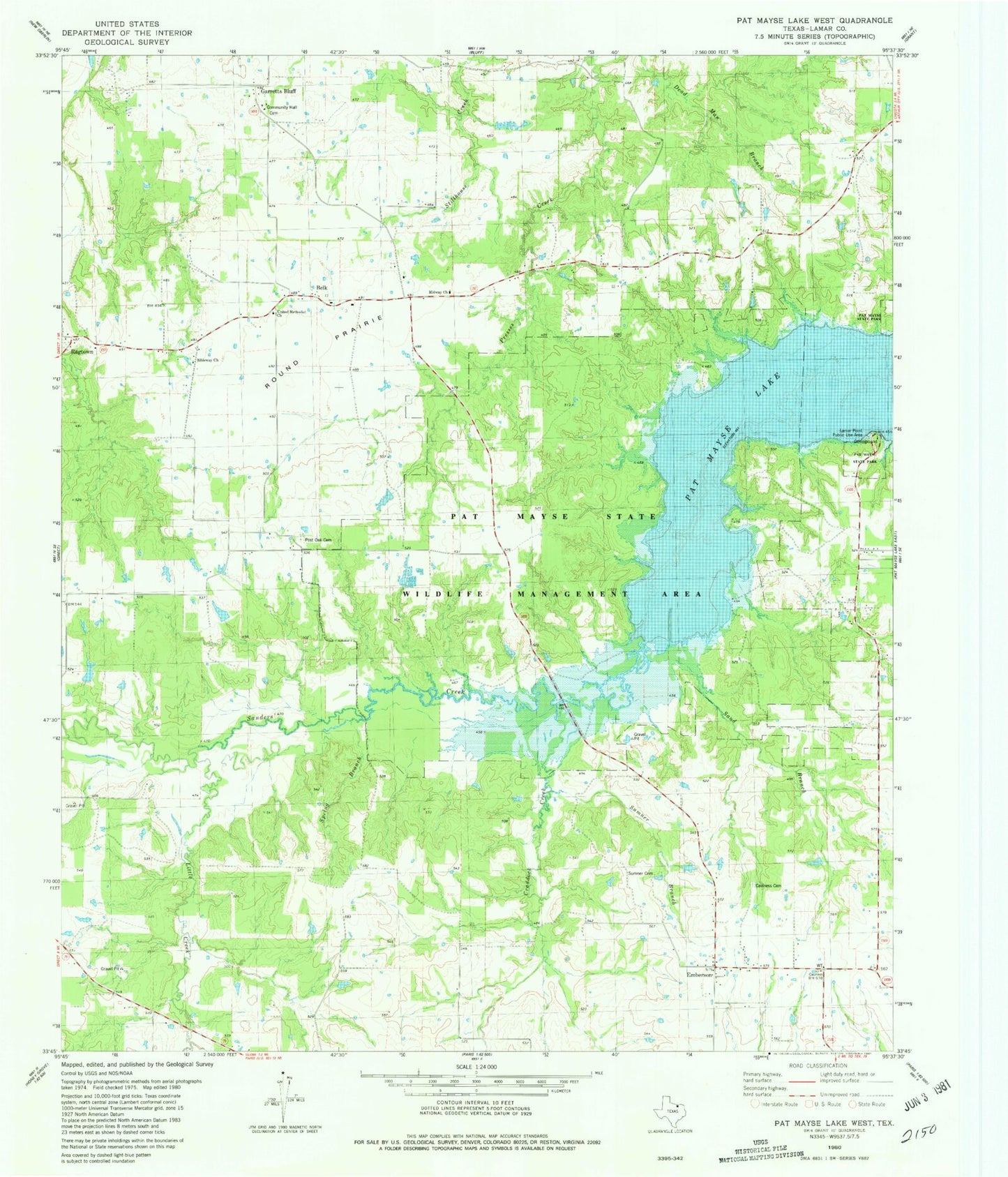 Classic USGS Pat Mayse Lake West Texas 7.5'x7.5' Topo Map Image