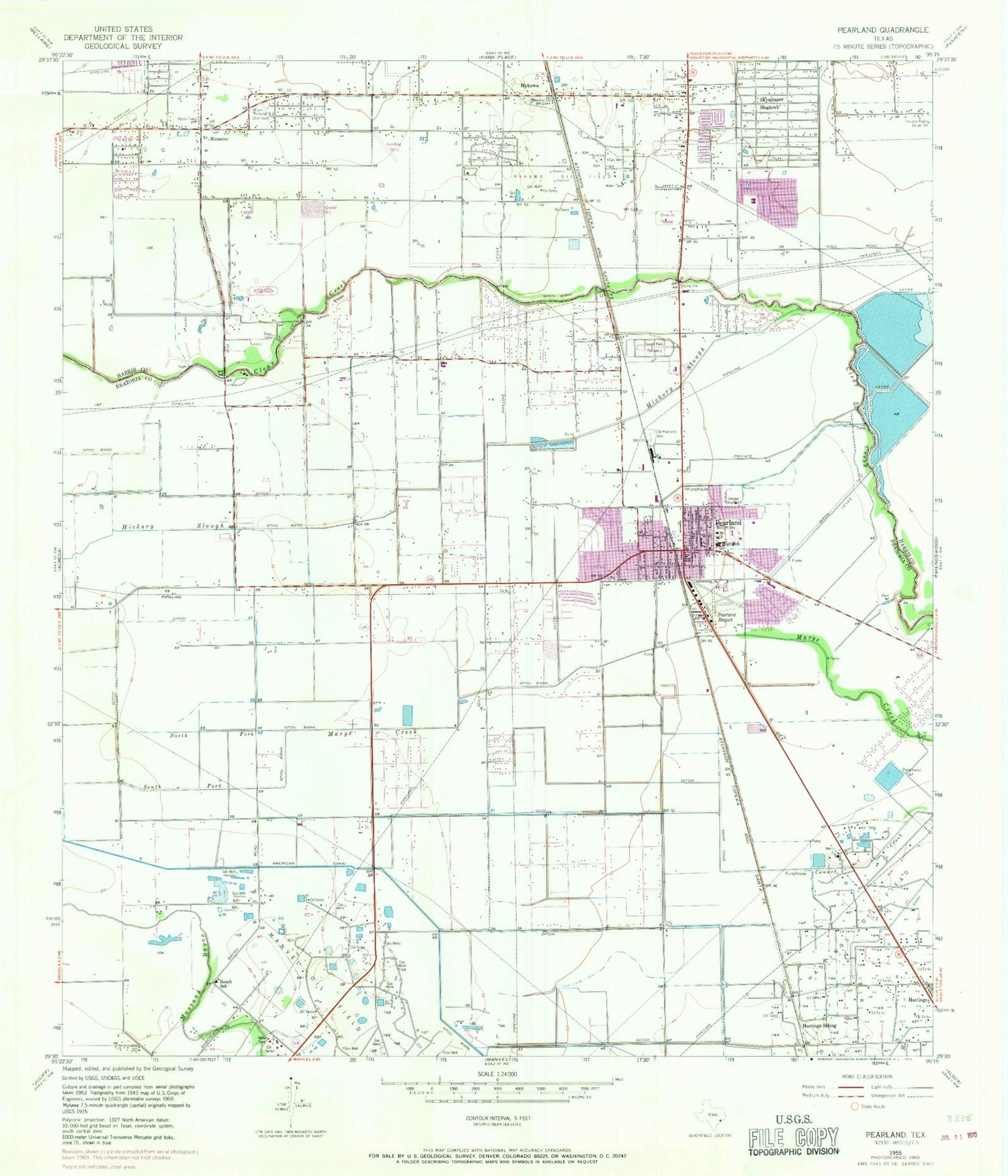Classic USGS Pearland Texas 7.5'x7.5' Topo Map Image