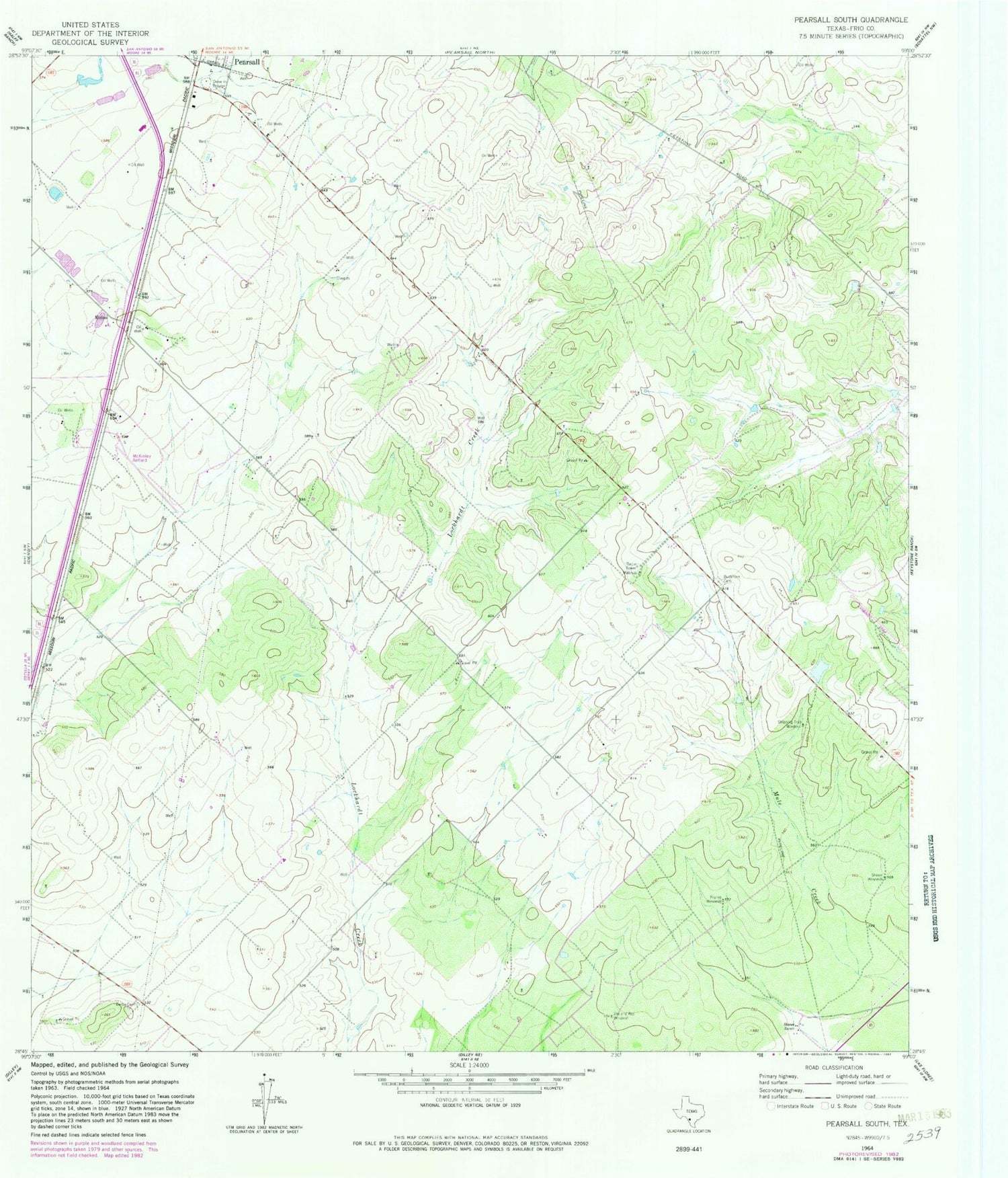 Classic USGS Pearsall South Texas 7.5'x7.5' Topo Map Image