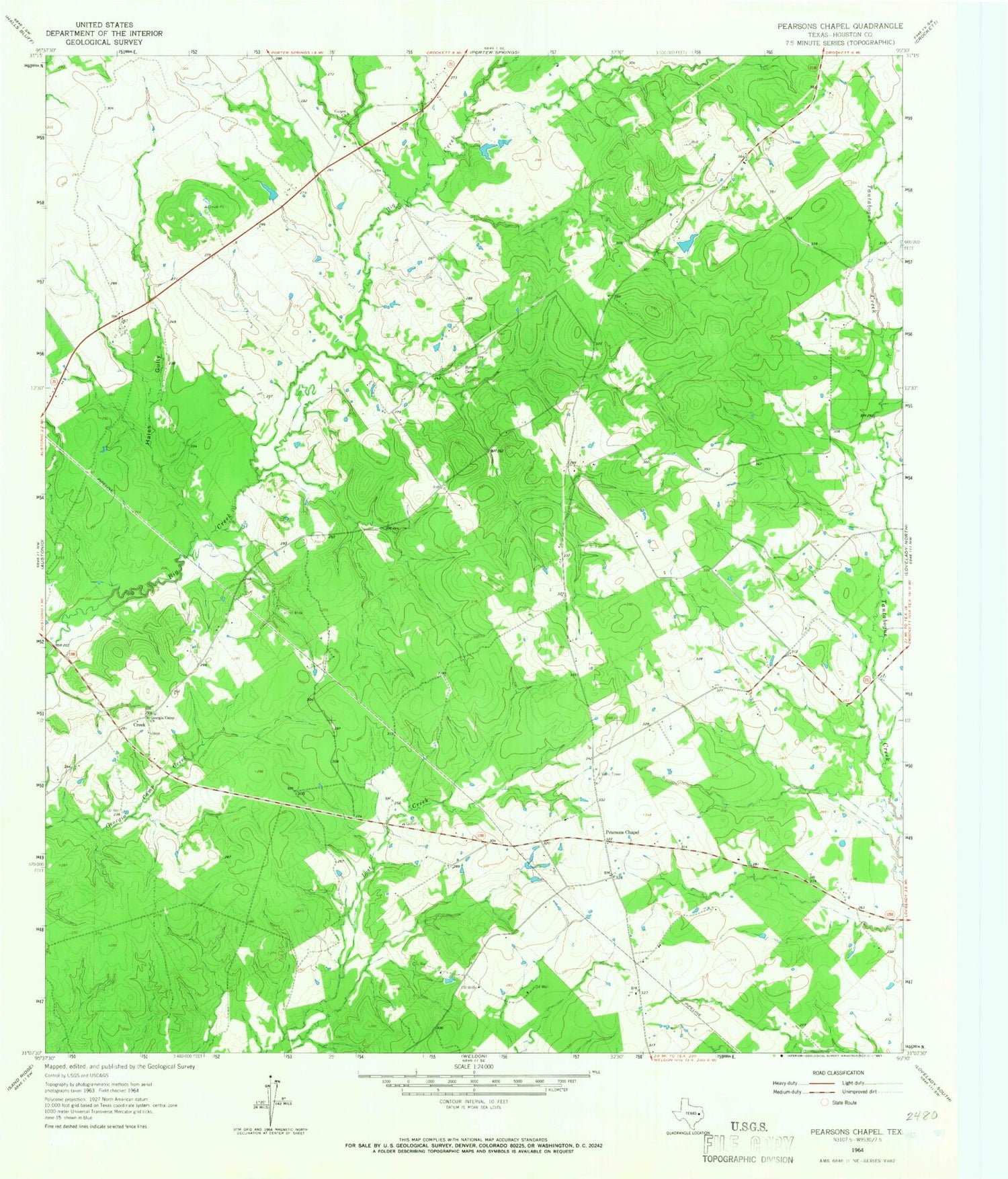 Classic USGS Pearsons Chapel Texas 7.5'x7.5' Topo Map Image
